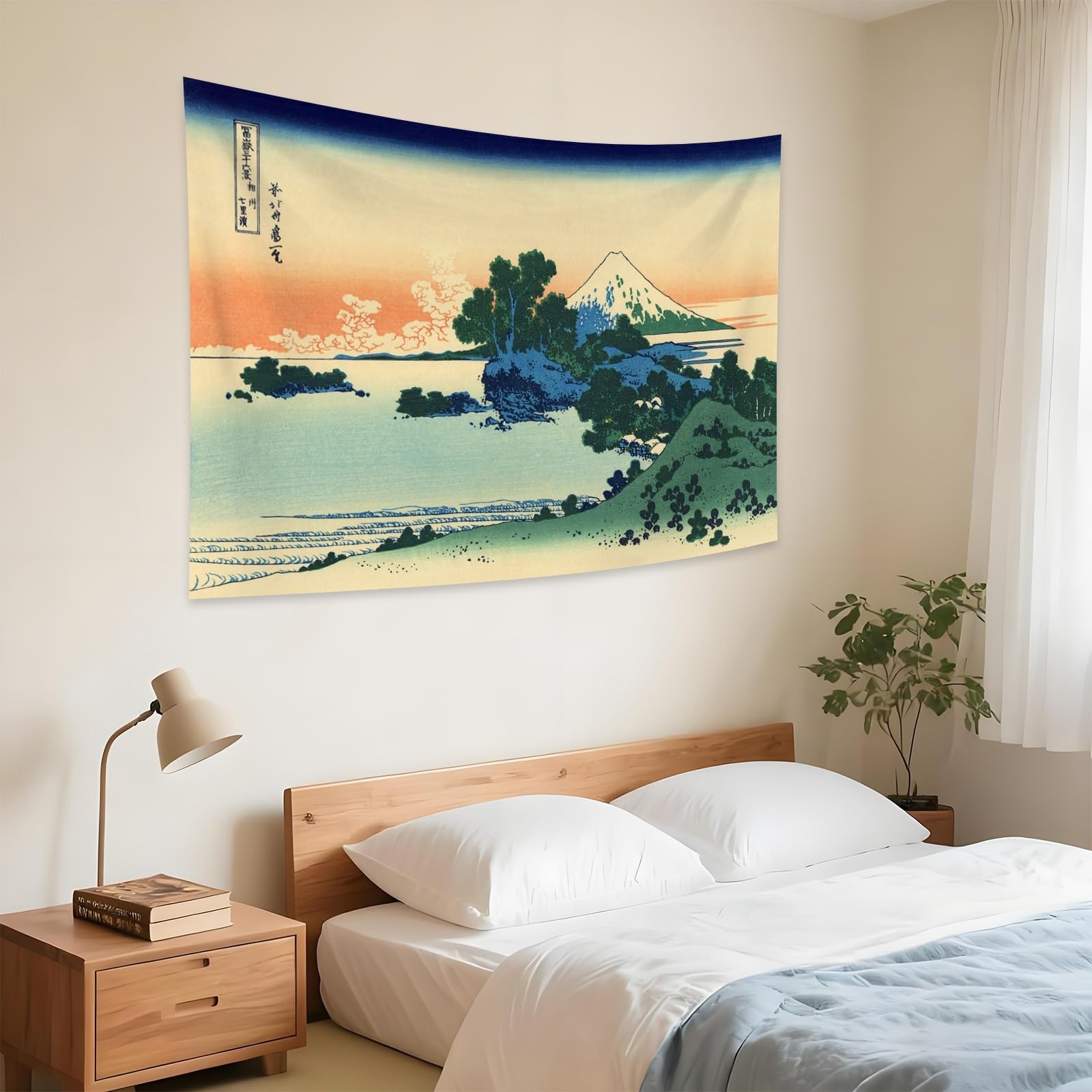 YONGFOTO 150x100cm Gobelin Ukiyo-e Góra Fuji 36 Widoków Wiszący na Ścianę w Pokoju Plaża Shichiri w Prowincji Sagami Krajobraz Sztuka Ściana Malarstwo Japońskie Tradycyjne Wzory Toyo Tapety