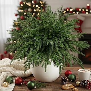 Hoteam 100 Pcs Christmas Norfolk Pines Branch Stems 14'' Artificial Pine Needles Faux Evergreen Pines Sprigs Greenery Picks for Christmas Wreath Making DIY Crafts Home Decoration(Pine Upright)
