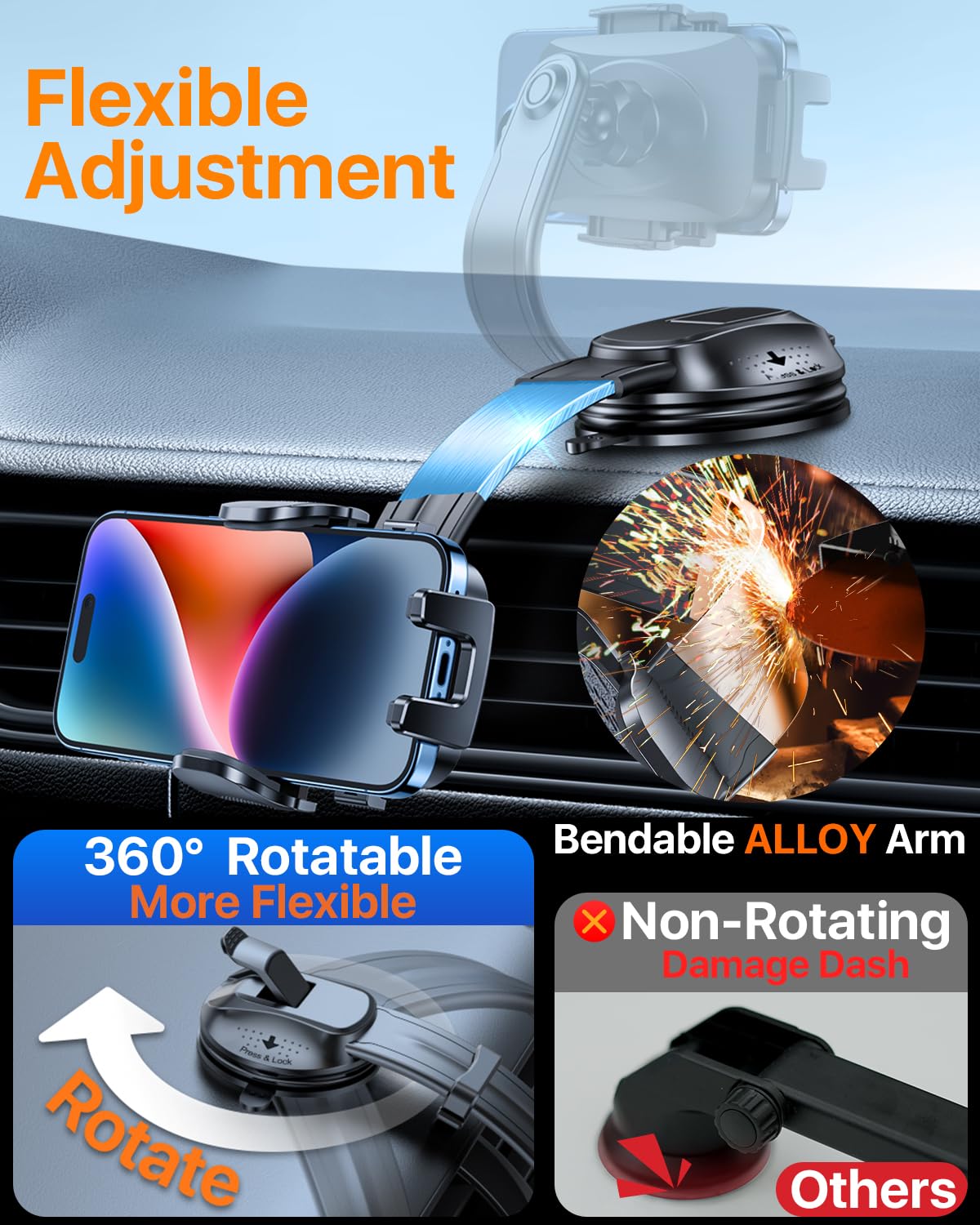HTU Soporte de teléfono de coche con ventosa más fuerte mejorado, brazo flexible, nunca bloquea la vista, soporte giratorio para salpicadero y parabrisas, soporte de cuna para iPhone 17, 16, 15, 14