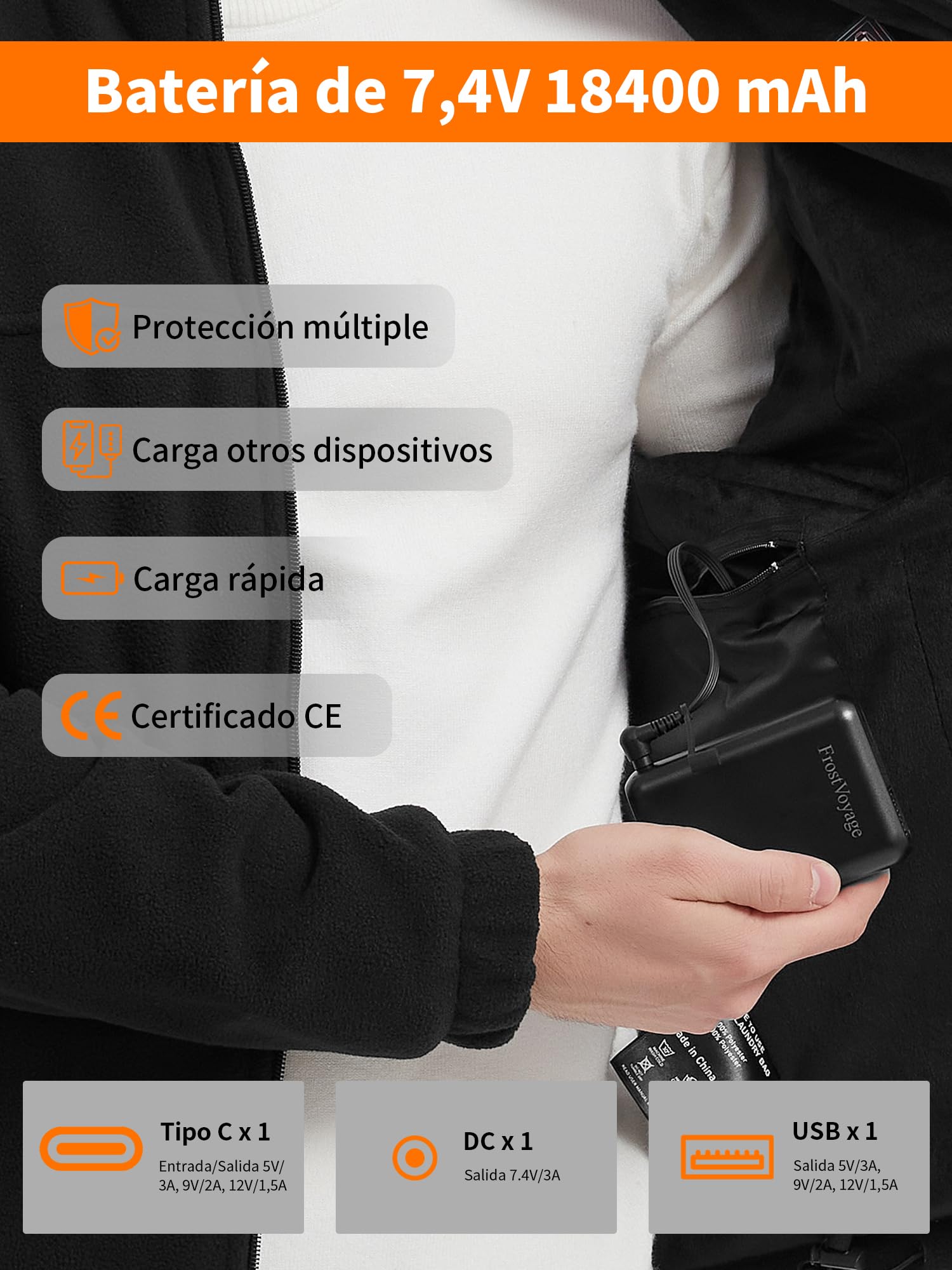 Chaqueta Calefactable Hombre con Bateria 18400 mAh, Chaqueta Termica Polar Abrigo Cazadora Ropa Calefactables Hombre Chaquetas con Calefaccion Invierno, 10 Zonas de Calentamiento
