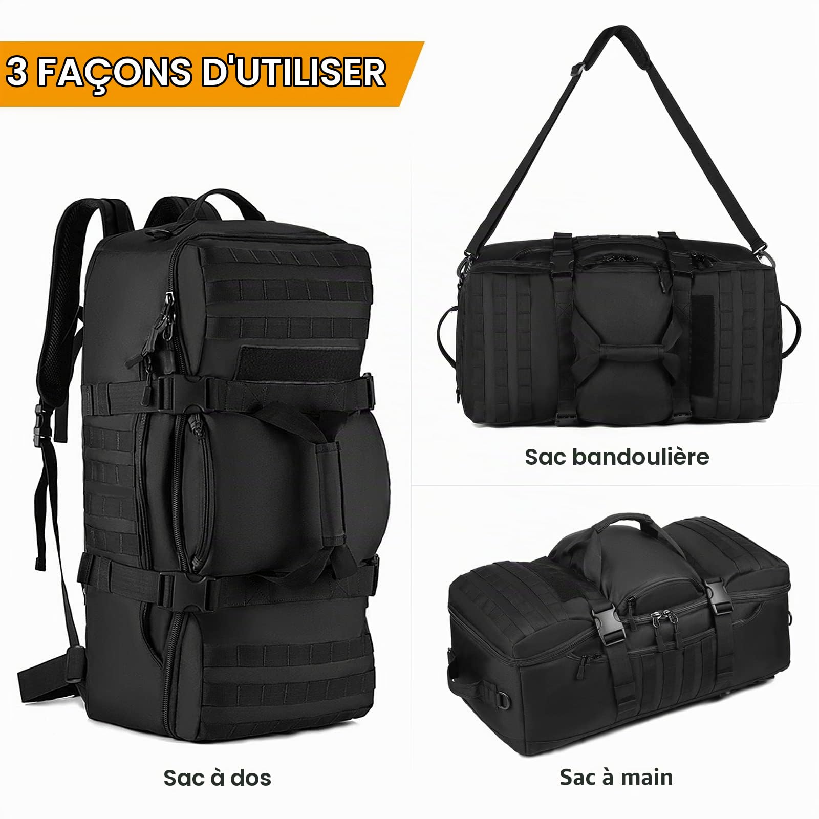 HUNTVP Sac à Dos de Grande Capacité 60L pour Homme - Sacs de Bagage Tactique Militaire Molle - Sac en Nylon pour Voyage, Escalade, Chasse, Camping, Randonnée, Cyclisme