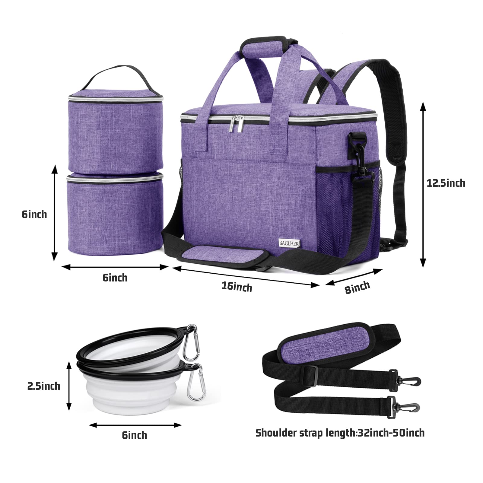 BAGLHER Hundereisetasche Rucksack Haustierbedarf Rucksack 5-teiliges Set mit Schultergurt, 2 gefütterte Tierfutterbehälter, 4 faltbare Futternäpfe, unverzichtbares Kit für Haustierreisen
