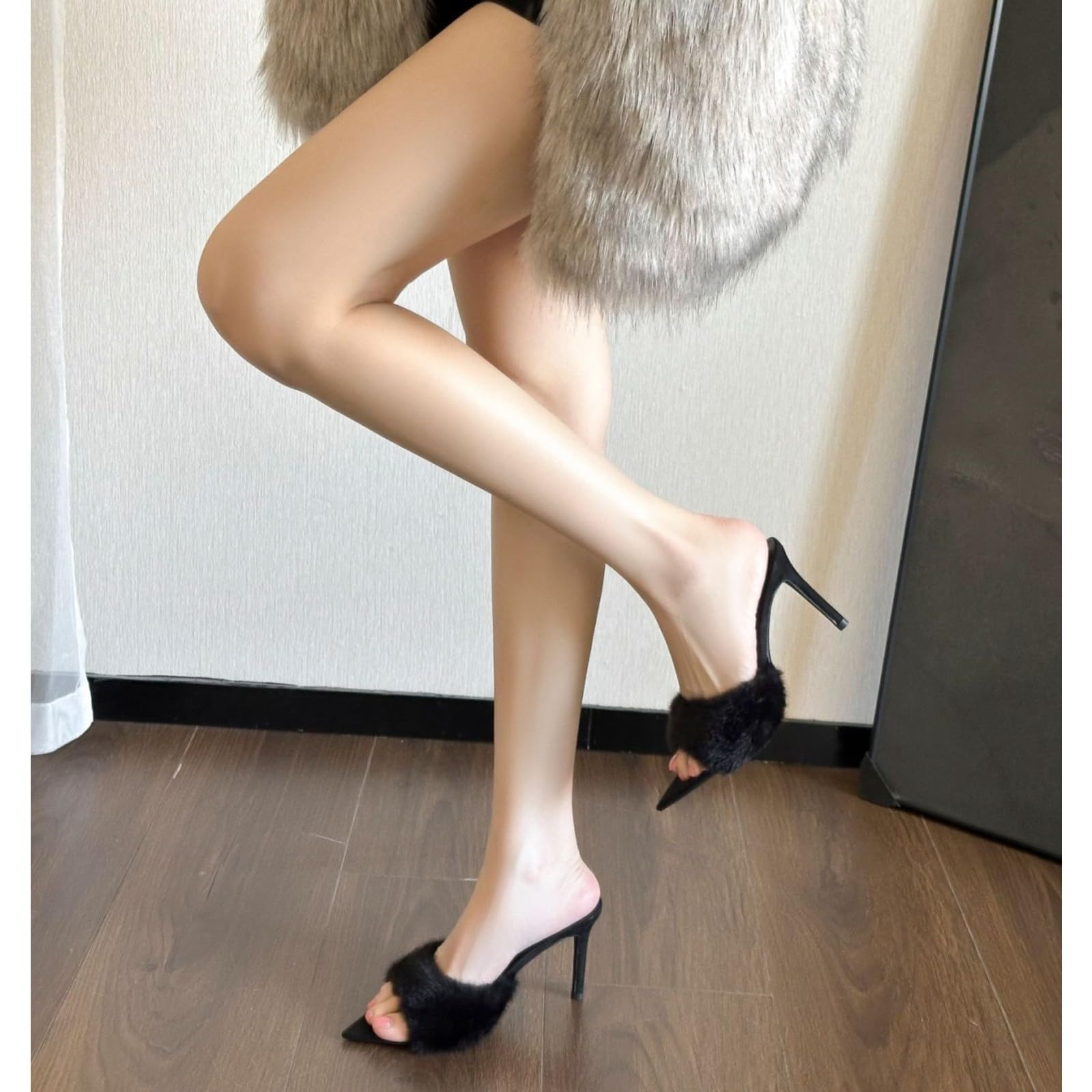 JJDFW - Pantuflas puntiagudas para mujer, con correa peluda, tacón de gatito, zapatos de vestir para otoño e invierno, oficina, viajes, tacones de aguja