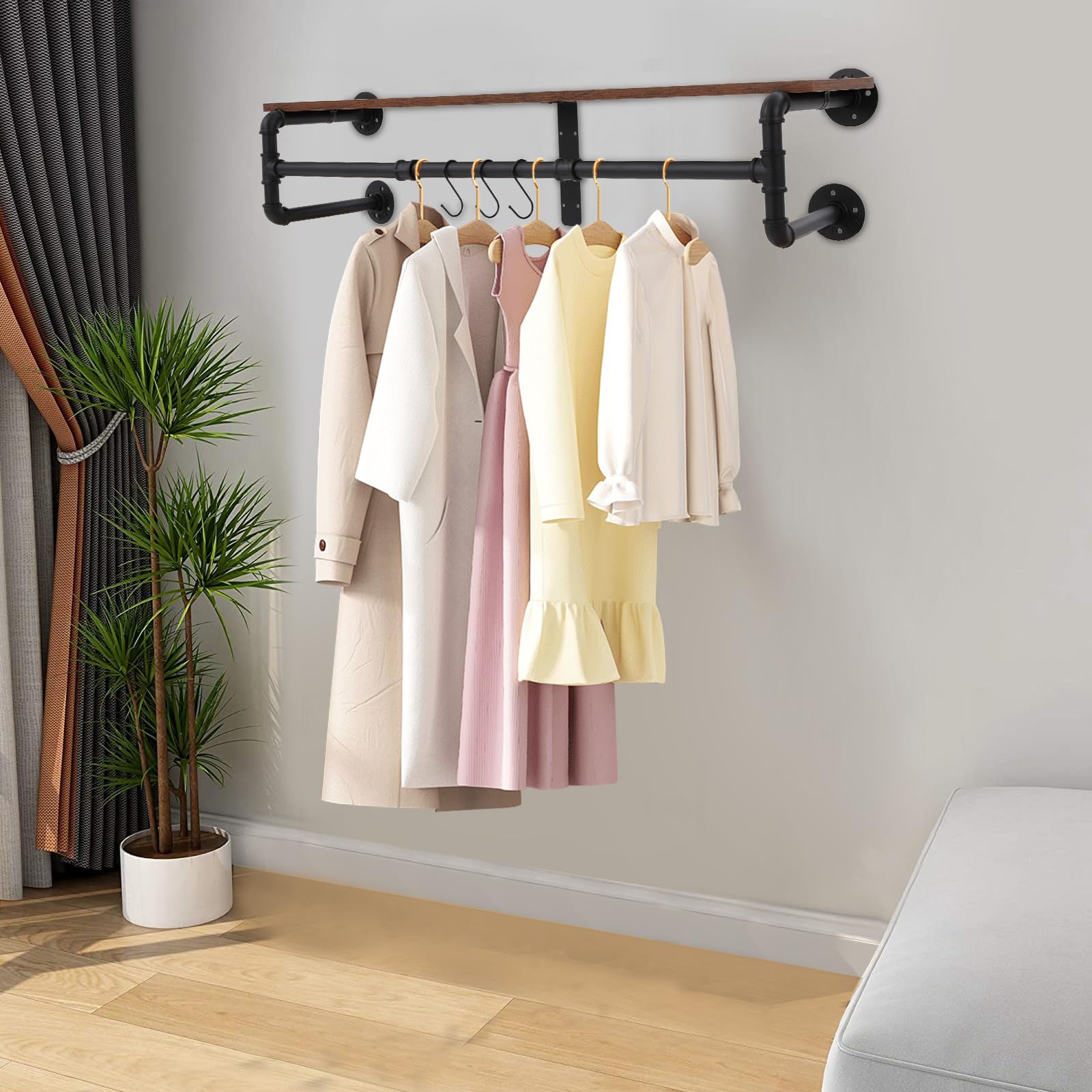 Wandgarderobe mit Ablage, Industrielle Kleiderstange zur Wandmontage, Wandregal mit 3 verstellbaren Haken, Wandmontiertes Hängeregal für Wohnzimmer, Schlafzimmern, Eingang, 100x22x25 cm (Schwarz)