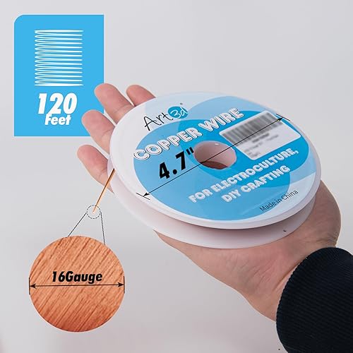 Miniatura 3 de Art3d Alambre de cobre suave puro calibre 16, 120 pies, 99.9% para electrocultura, jardinería, fabricación de joyas, carrete de 1 libra