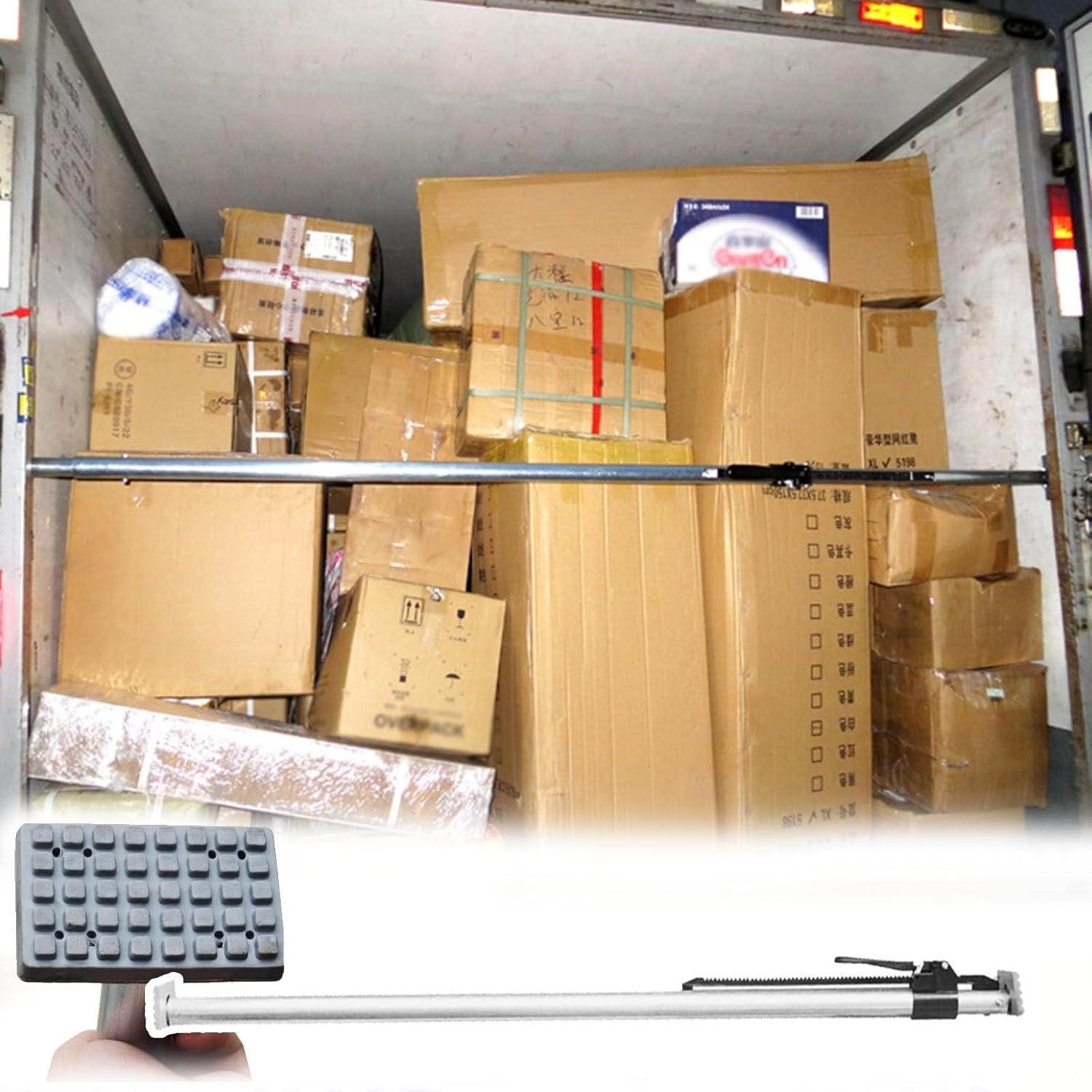 Adjustable Ratcheting Cargo Bar for Truck Bed - Non-Slip Rubber Pads, 1 or 2 Pcs, 44''-84'' Length, Load Stabilizer for Reefers/Campers/Enclosed Vans, Self-Locking (1pc 4.9-7.6ft)