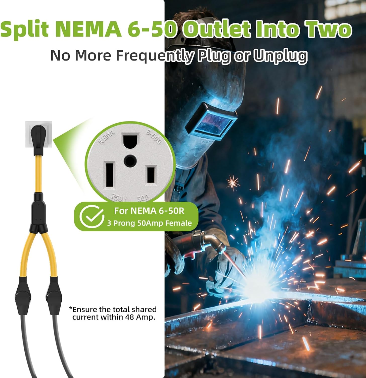 50 Amp Y Splitter Cord for EV Charger and Welder, NEMA 6-50P to 6-50R & 14-50R Adapter Power Cord, Heavy Duty 6 AWG STW Cable, 250V Extension Splitter, ETL Listed
