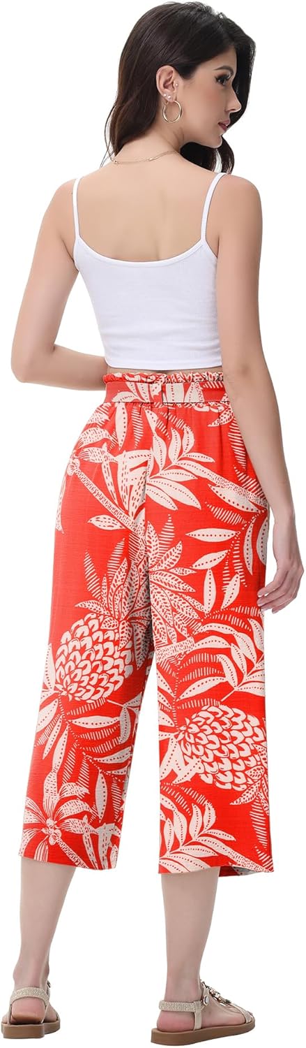 Capris Pants for Women 2025 Summer Floral Patterned Wide Leg Lounge Pants for Women Plus Size Summer Outfits Red Printed XL - Image 3