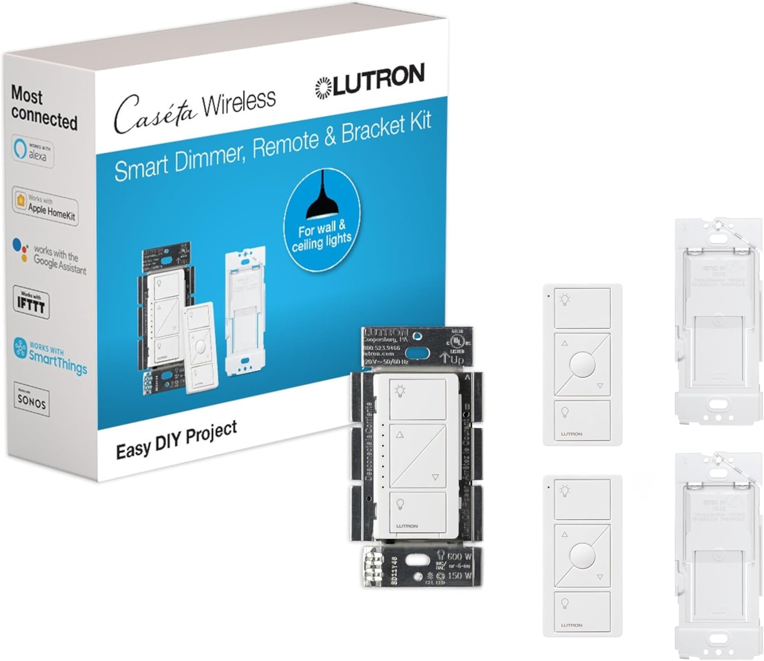 Lutron Caseta Smart Lighting Kit w/ Original Switch, 2 Pico Remotes, and 2 Wall Brackets, for LED Lights, Works w/ Alexa, Apple Homekit, Google Home (Hub Required), Single-Pole/3Way, No Neutral Req Lutron Caseta Smart Lighting Kit w/ Original Switch, 2 Pico Remotes, and 2 Wall Brackets, for LED Lights, Works w/ Alexa, Apple Homekit, Google Home (Hub Required), Single-Pole/3Way, No Neutral Req