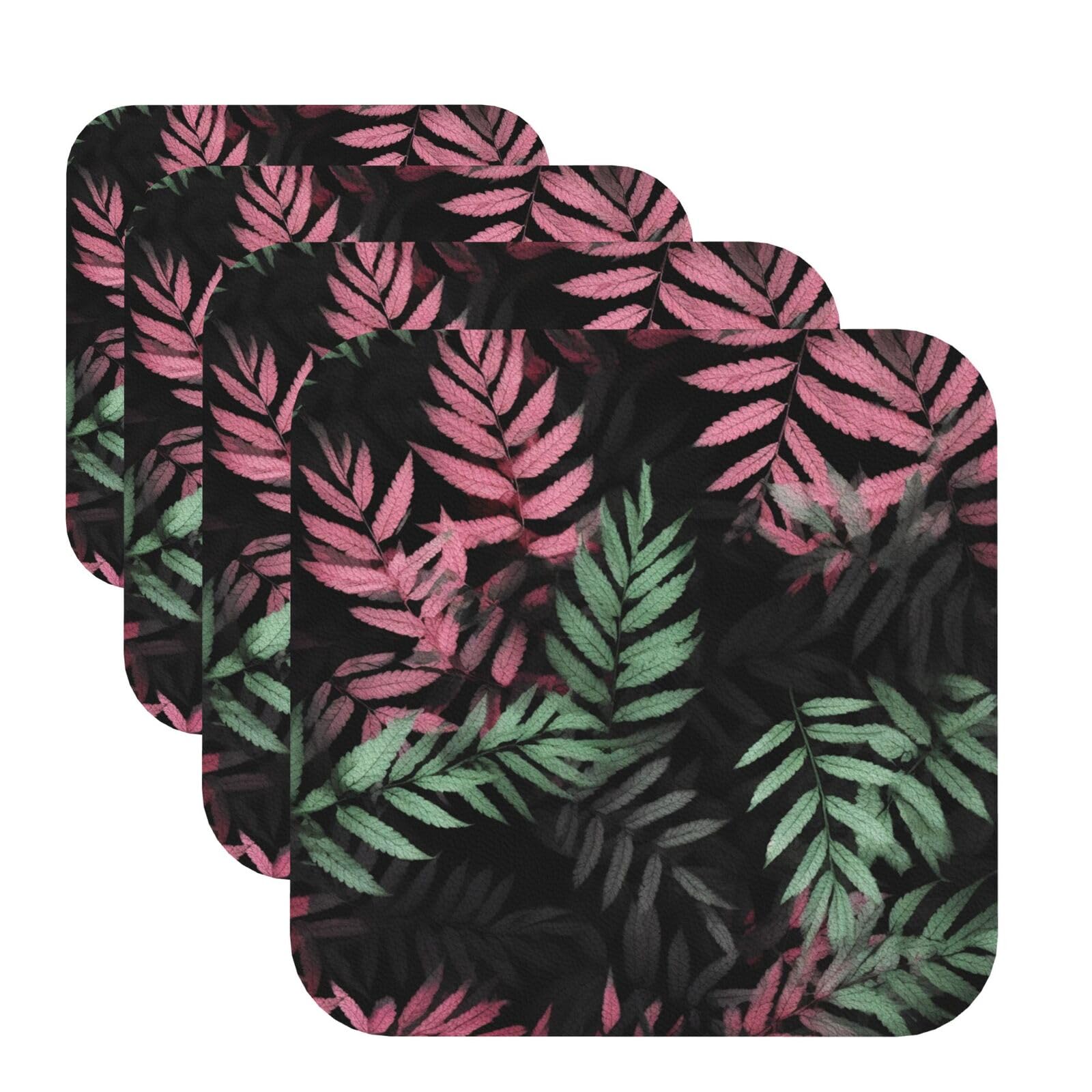 Wlksnbvd Square Coaster Set Of 4, Pu Leather Coasters For Drinks, 4" Drink Coasters For Coffee Table, Black Pink Green Leaves Cup Coaster For Tabletop Protection Home Decor Cup Mat Pad