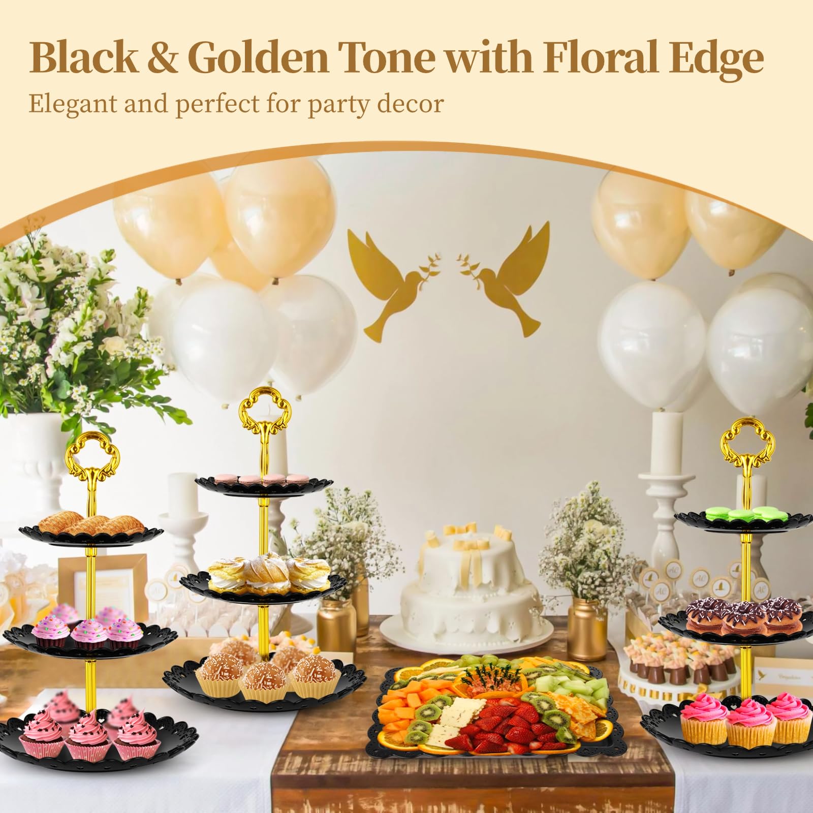 Set di 9 espositori da dessert da tavola, 3 supporti per cupcake a 3 livelli e 6 vassoi quadrati da dessert, eleganti vassoi per frutta per compleanni, matrimoni, tea party, Halloween
