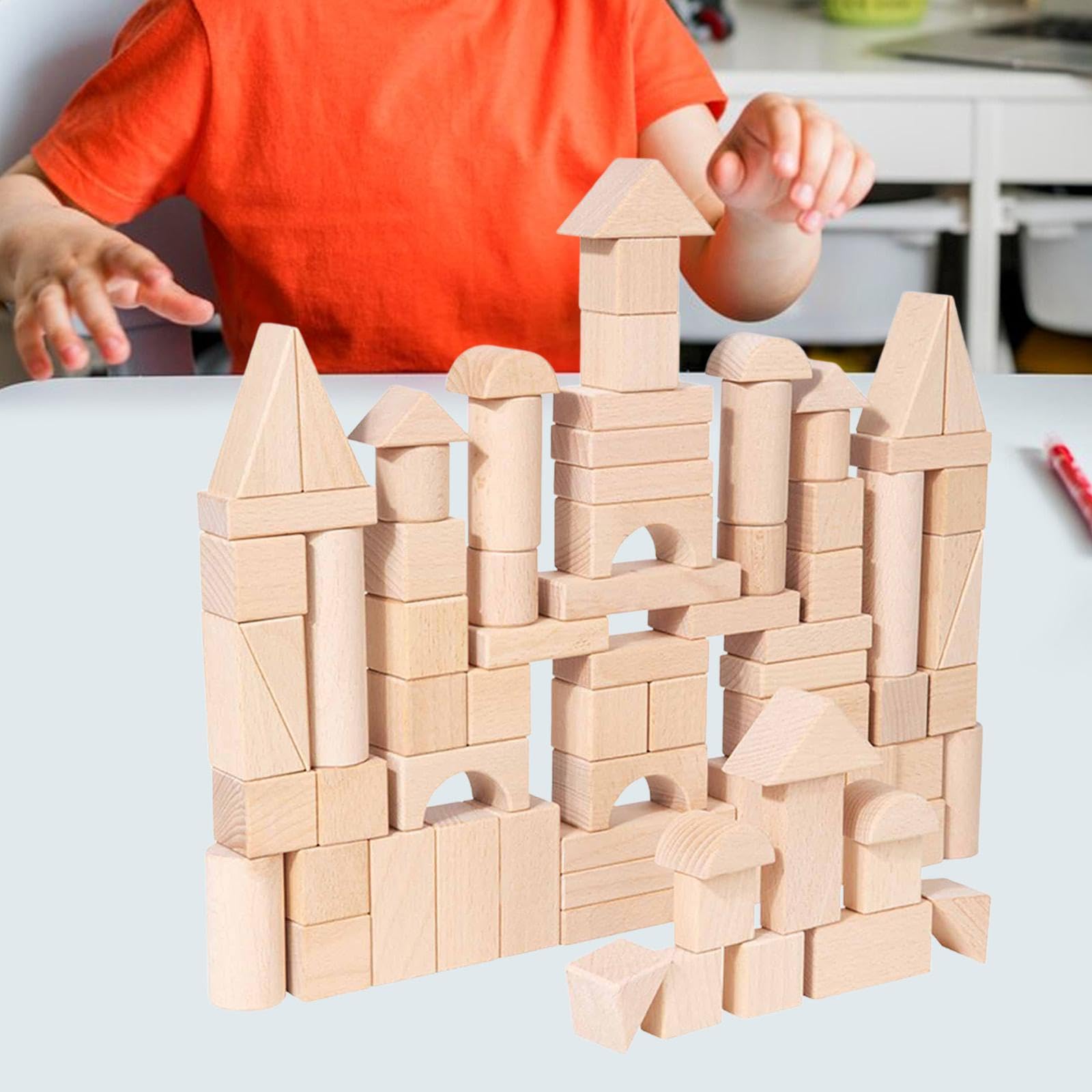 Almencla Bausteine Set Holzbausteine Lernspielzeug Bauklötze Kinder Kreativität Feinmotorik Funktion Stapelblöcke für Vorschule Klassenzimmer Eltern Kind Spiel, Holzfarbe