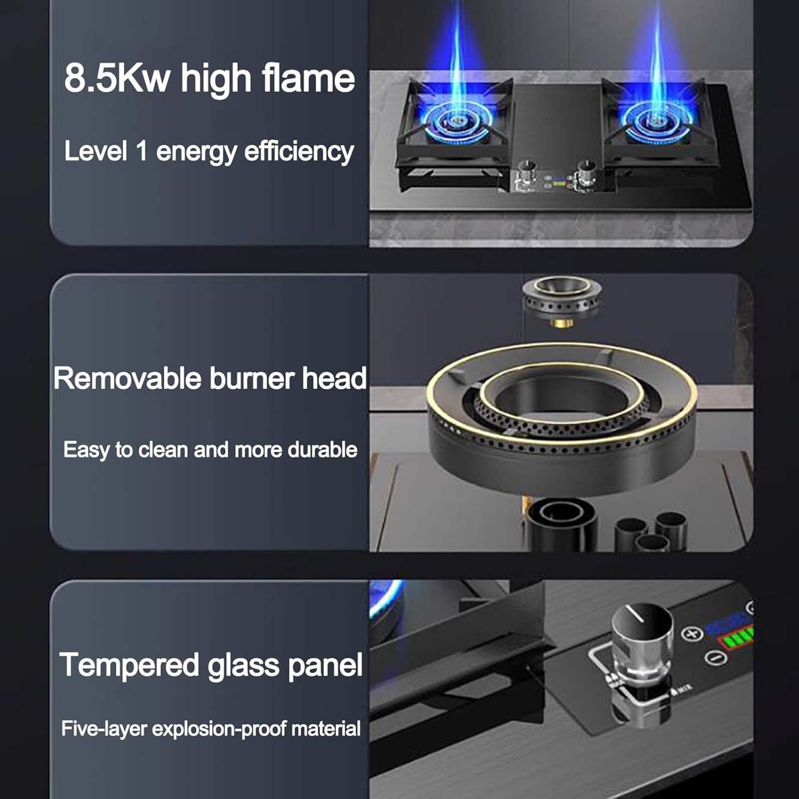 THEGA Cucina A Gas Propano A 2 Fuochi - Cucina A Gas in Acciaio al Titanio da 8,5 KW, Temporizzazione di 180 Minuti, Protezione Antispegnimento, da Tavolo E A Filo(LPG)