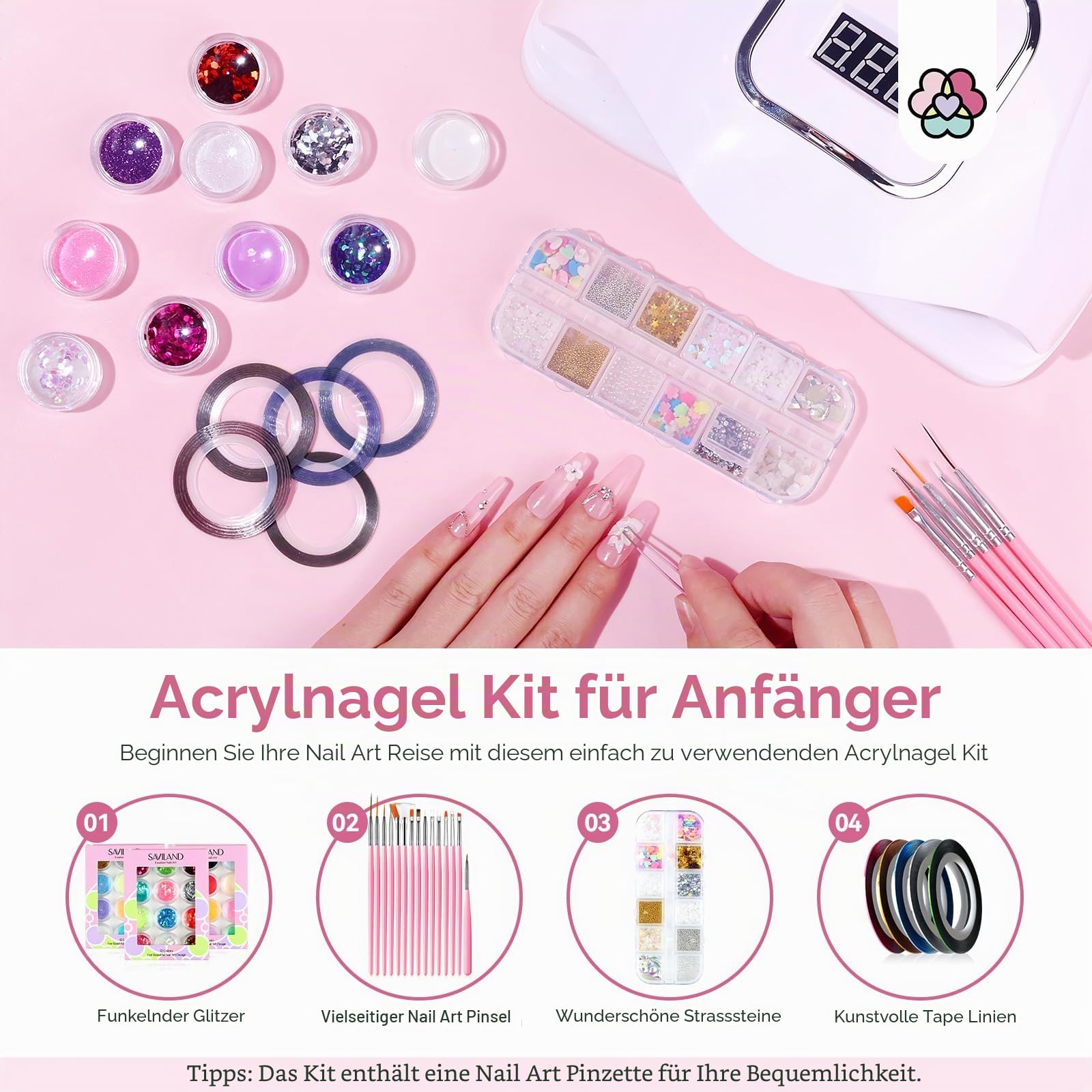 Saviland Acryl Nagelset für Anfänger mit Keratin Acrylpulver, Rizinusöl & Vitamin E Gel Nagellack/Primer/180W Nagellampe/Nagelfeile – Komplettes Set mit allem Zubehör für den Start zu Hause