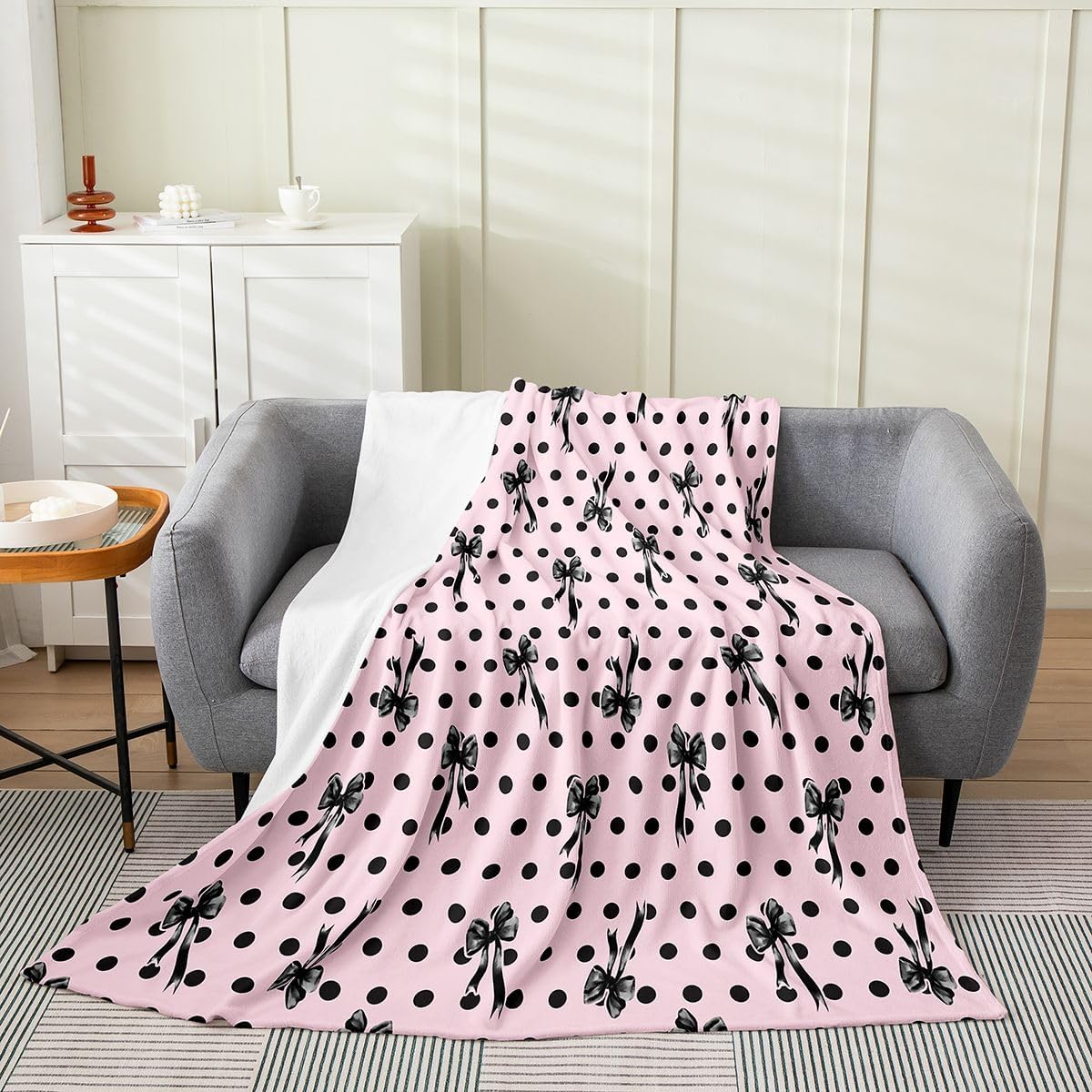 Feelyou Girls Cute Bow Fleece Throw Blanket Pink Ribbon Polka Dots Bow Flannel Blanket Plush Fuzzy Girly Princess Bowknot for Bed Couch Chair Living Room Baby 30"x40" Bedroom Decor