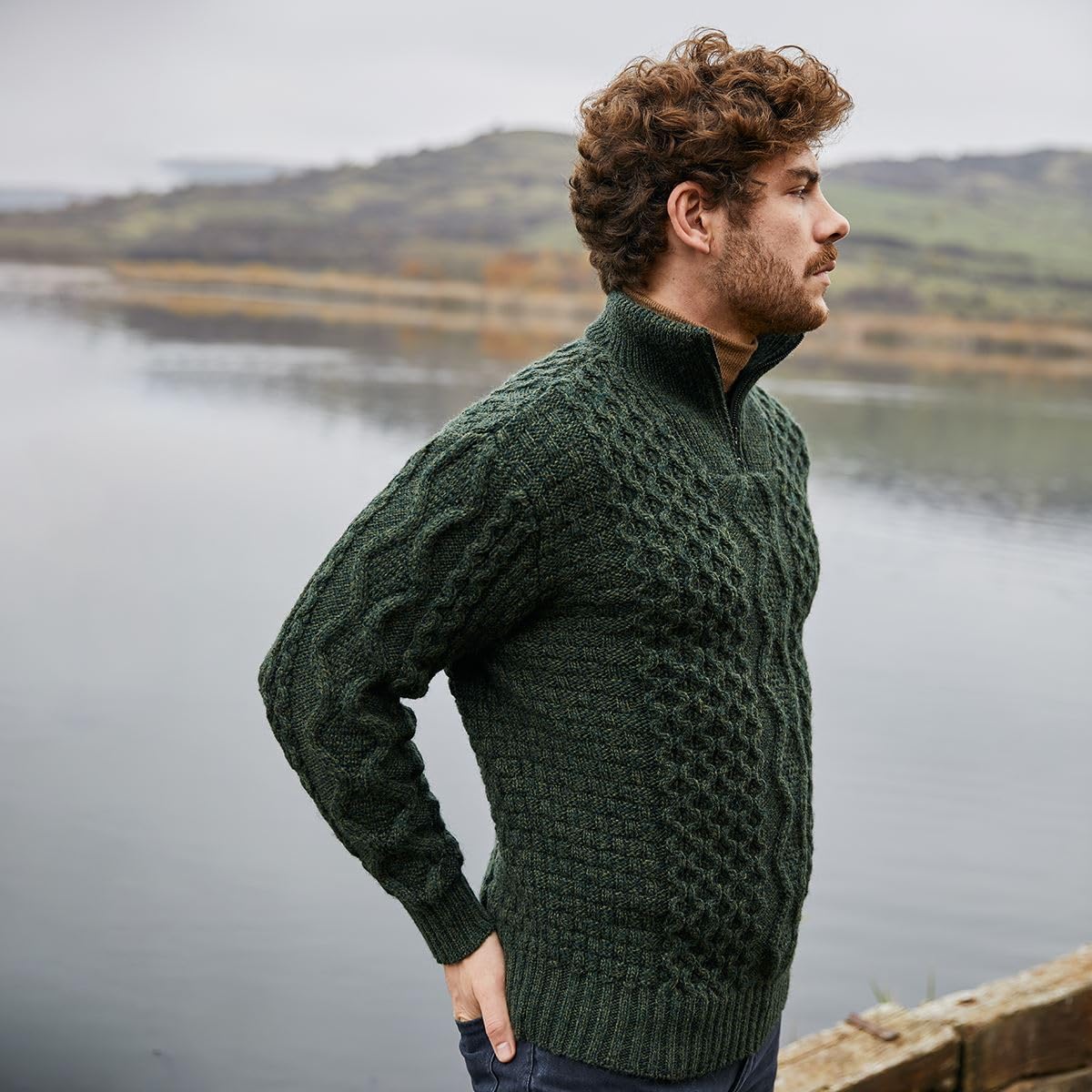 SAOL Aran - Maglione da uomo in lana con collo a zip, per pescatori irlandesi, prodotto in Irlanda