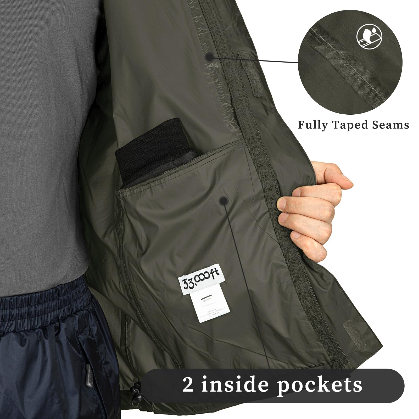 33,000ft Chaqueta impermeable plegable para hombre, ligera, impermeable, con capucha, para golf, ciclismo, cortavientos, Verde, X-Large