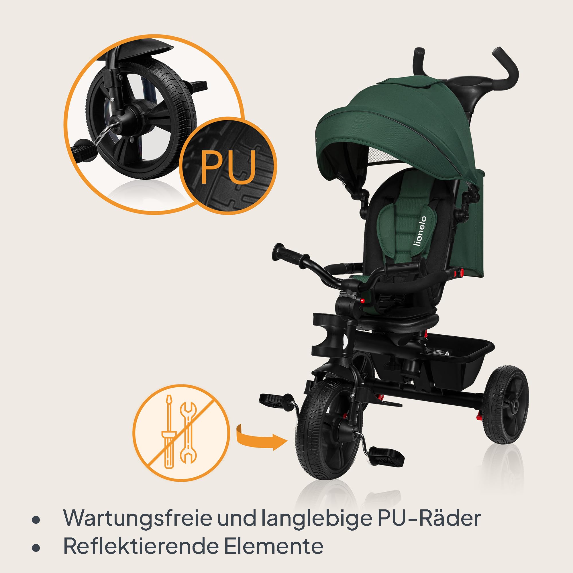 LIONELO Haari 2in1 Dreirad mit Schubstange ab 18 Monate bis 25kg, Vorwärts und Rückwärtsfahrt, schlauchlose Gummireifen, Freilauf geräumiger, Korb, Tasche, Getränkehalter