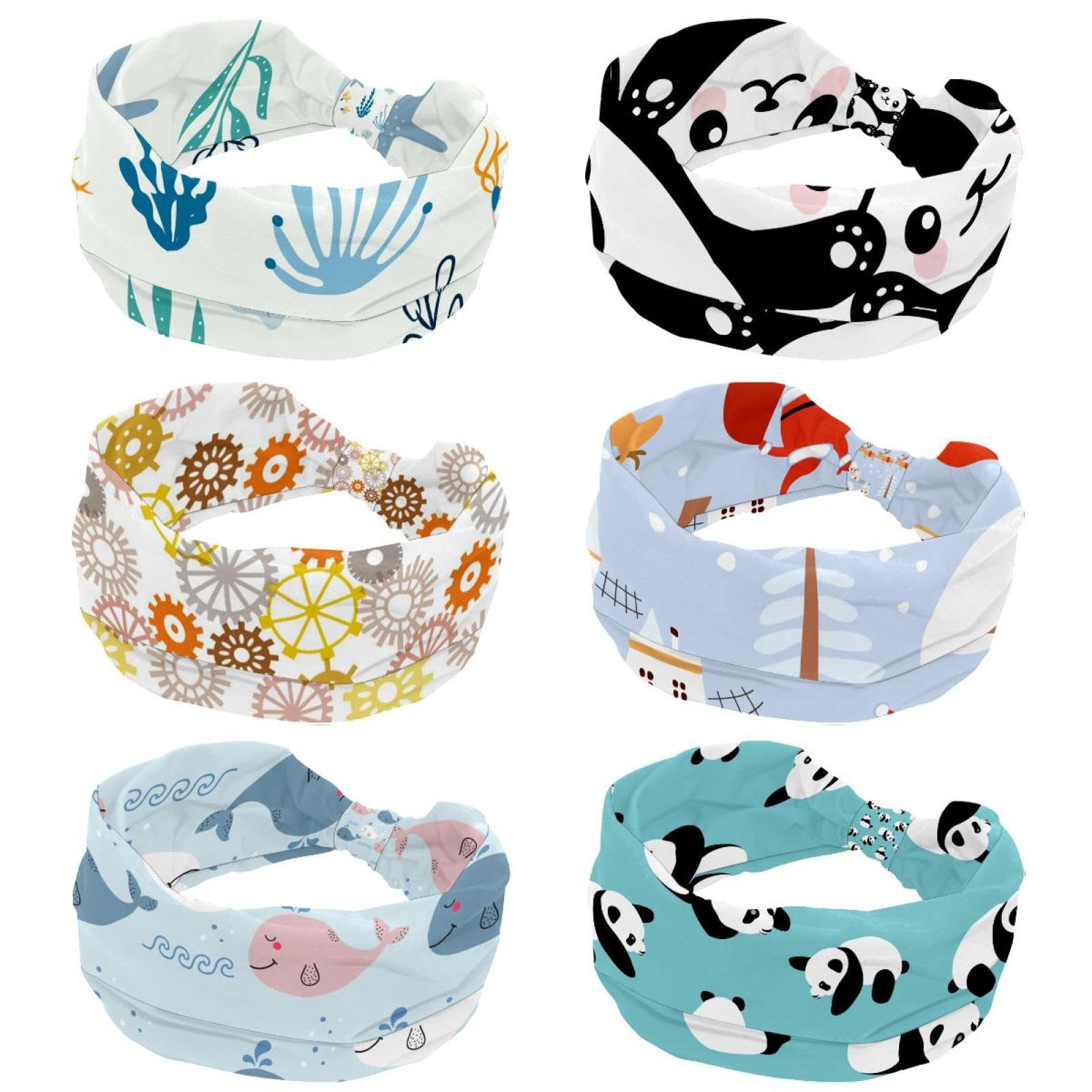 Lot de 6 bandeaux larges antidérapants pour femme - Turban - Plantes de mer - Motif dessin animé dauphin et requin - Bleu - Élastiques - Pour yoga, sueur, sport, entraînement