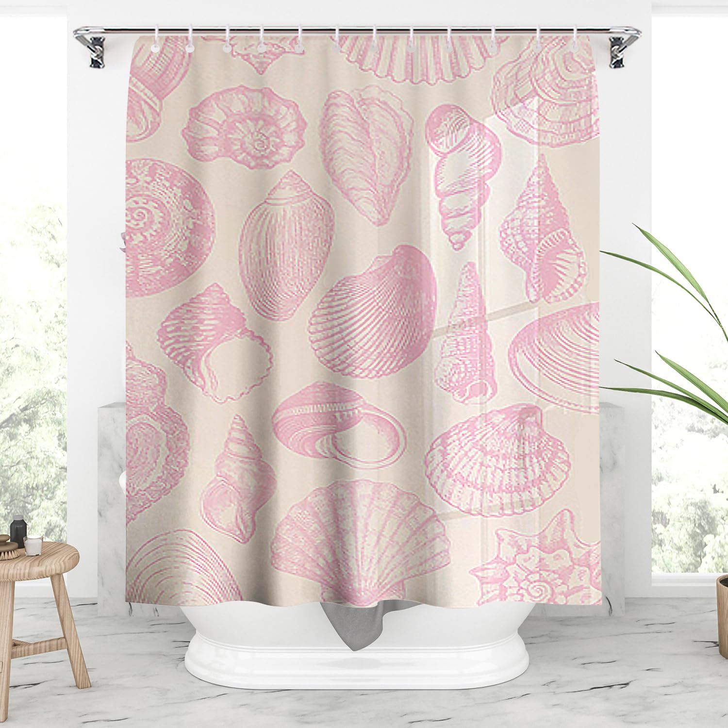Pastel Pink Seashells Shower Curtain,Trendy Vintage Seashells Shower Curtain Sets for Bathroom with 12 Hooks,Aesthetic Coastal Cowgirl Bath Curtain