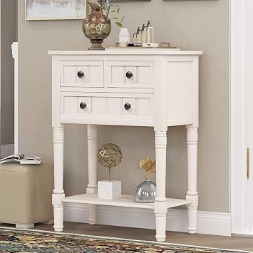 P PURLOVE Narrow Console Table, Farmhouse Entryway Table Slim Sofa Table with Three Storage Drawers and Bottom Shelf, Wood Entry Table for Living Room,Easy Assembly,Ivory White