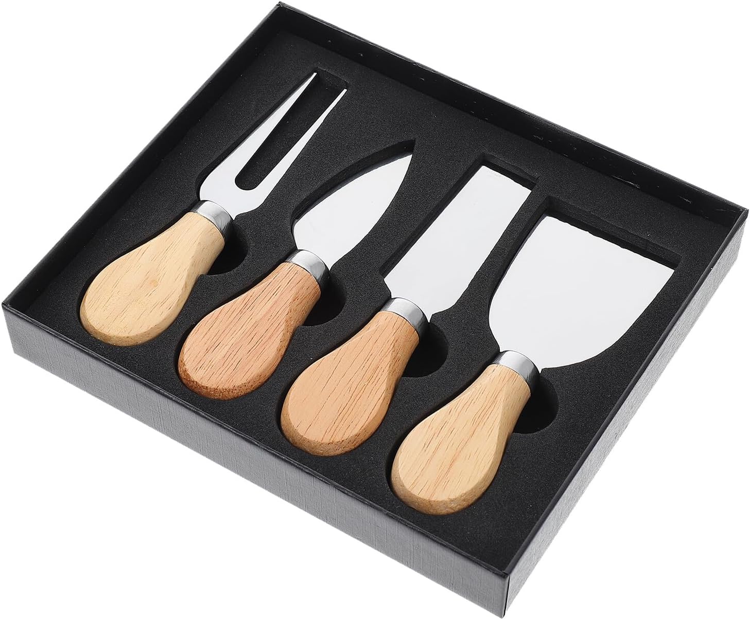4pcs Cheese Cutter Set with Oak Handles Stainless Steel Cheese Slicer Fork and Butter Spreader Knives for Charcuterie Board and Kitchen Use