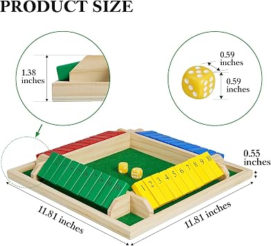 AMEROUS Shut The Box Dice Game-12 inches-Colorful Design-1-4 Players-12 Dice-Gift Package, Classic 4 Sided Wooden Board Game for Adults Kids, Classics Board Game
