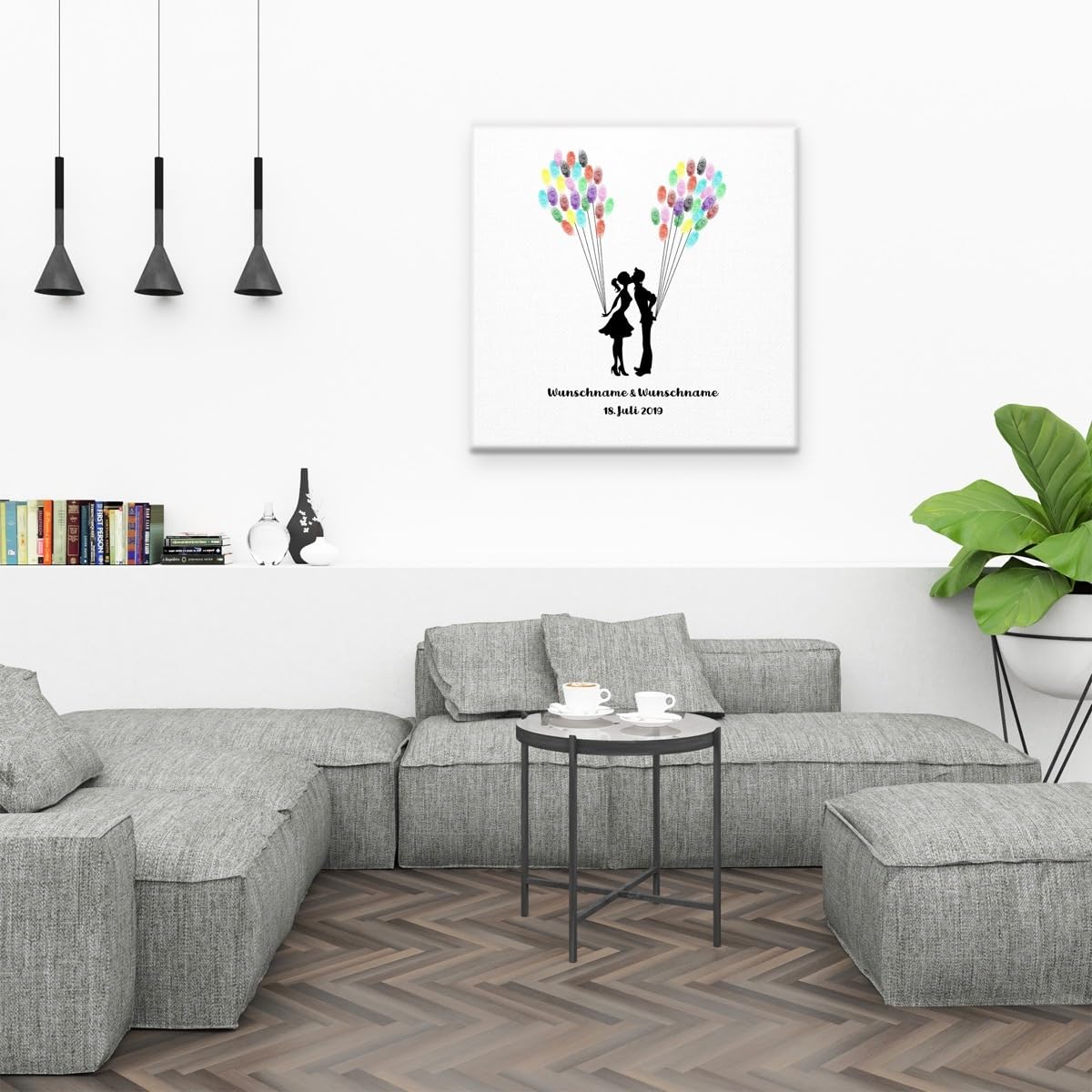 Madyes Tela Matrimonio impronte digitali Libro degli ospiti personalizzato Albero Bacio per la coppia di sposi come regalo, decorazione matrimonio, nome con data. 50 x 50 cm grande su telaio in legno