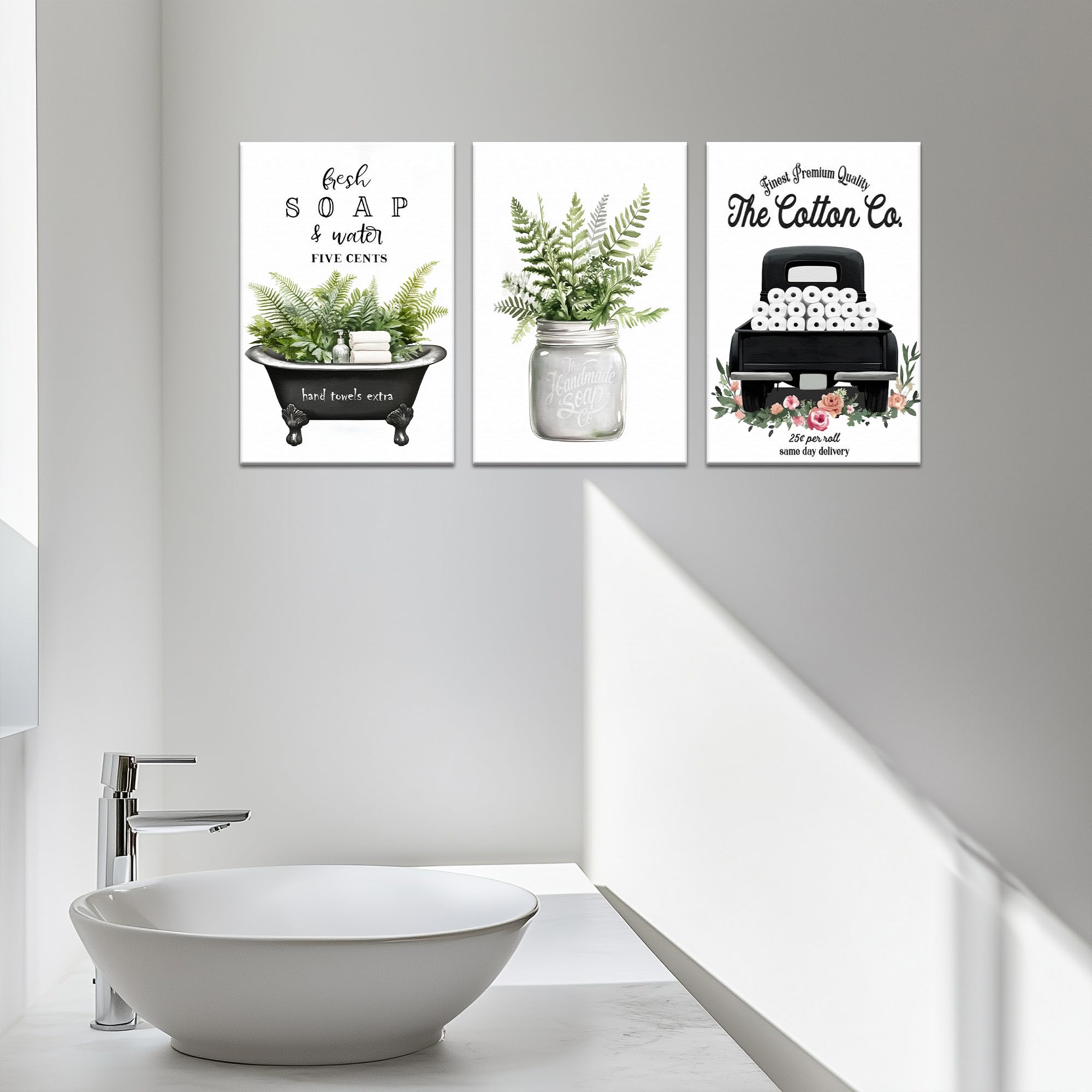 3 stampe artistiche da parete per bagno rustico, stampa su tela per camera di campagna, decorazione da parete rustica botanica vasca da bagno per bagno senza cornice, 30,5 x 40,6 cm