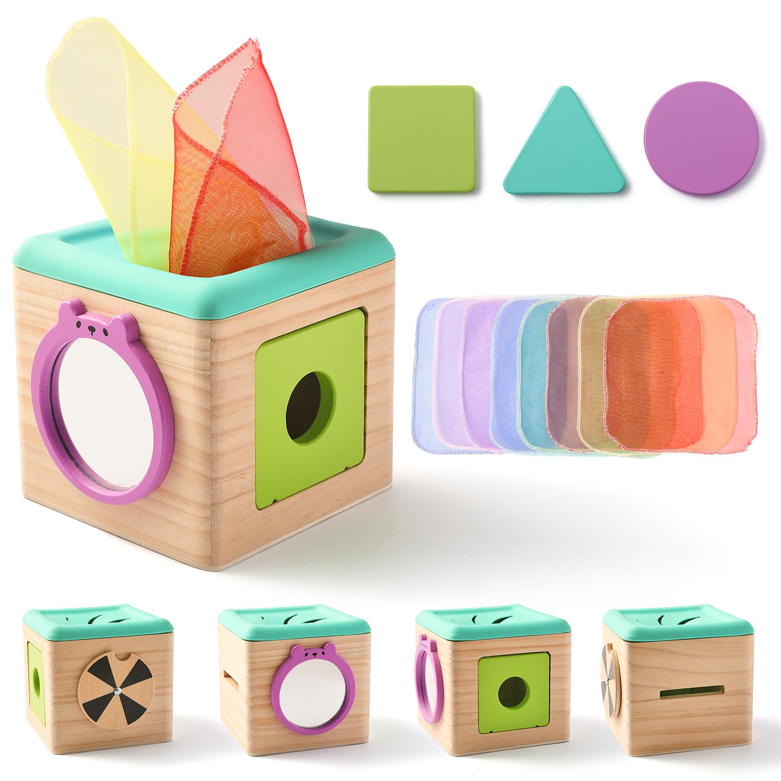Youuys Wooden Baby Tissue Box Toy - Montessori Tissue Box Toy for Babies 12 Months with 3 Shape Blocks & 8 Silk Paper, Baby Boy Girl Gifts for Babies 12 18 Months Old Birthday Children Day