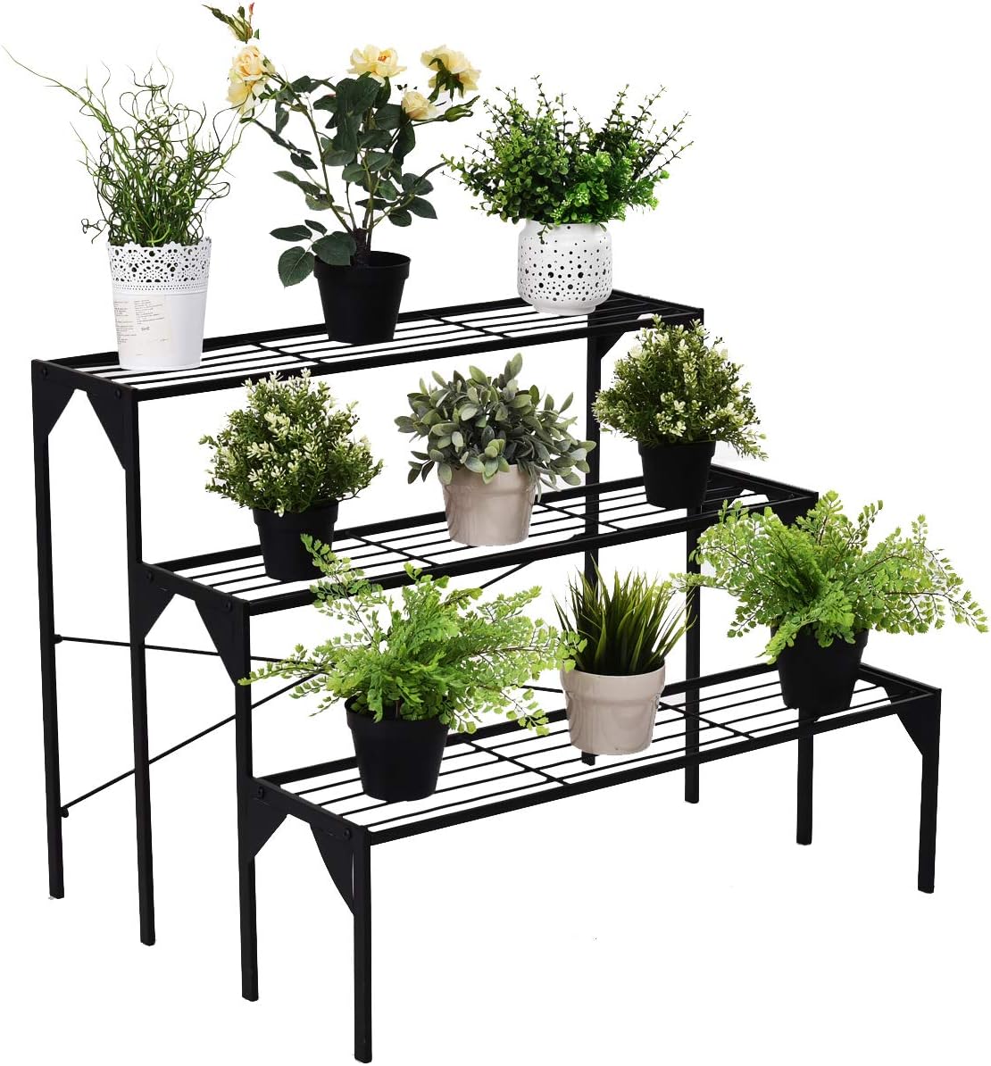 S AFSTAR 3 Tiers Metal Plant Stand, Garden Ladder Shelf for Large Flower Pot, Decorative Display Rack Shelves Indoor Outdoor Garden Patio Balcony, Black Flower Pot Holder Planter Organizer