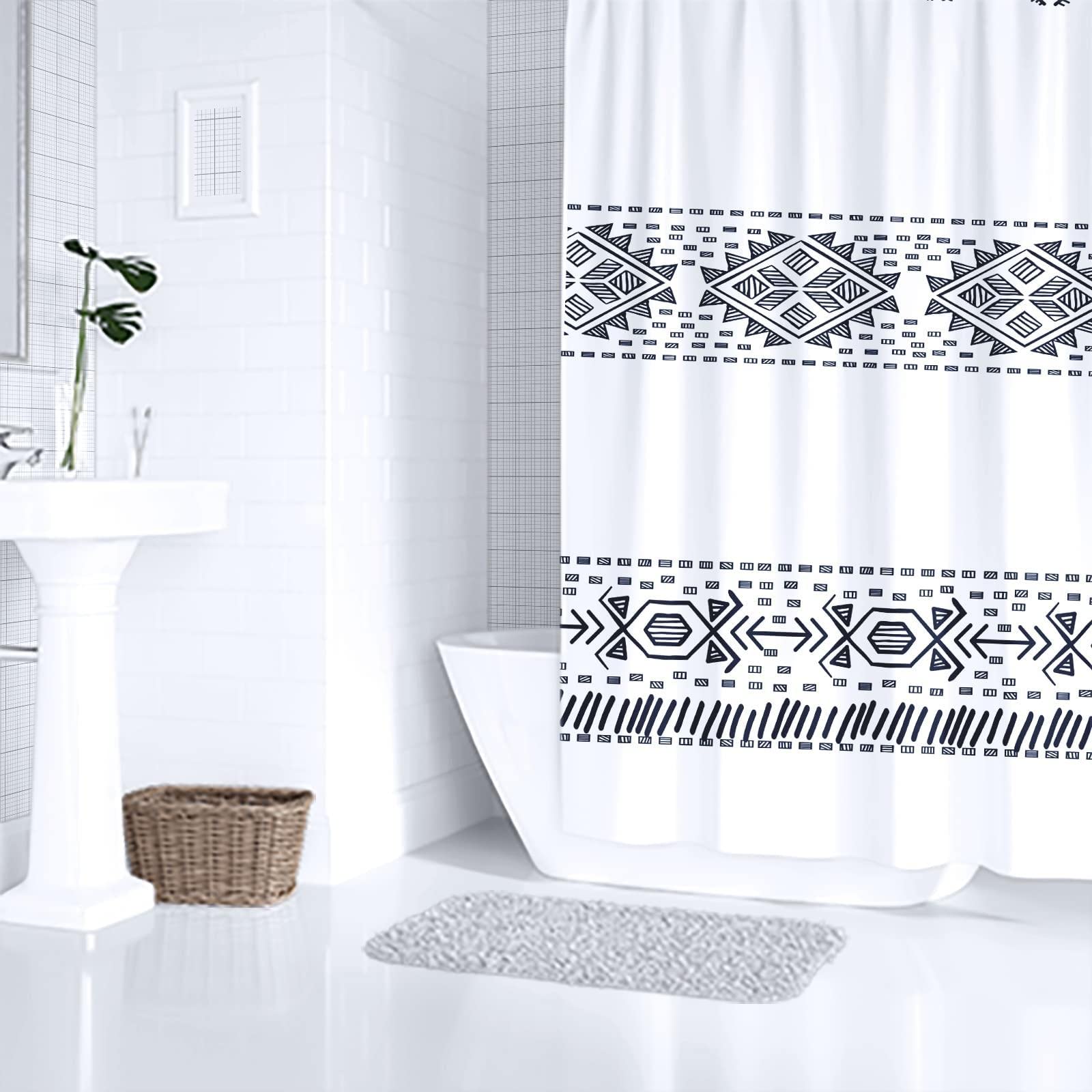 TheBlackSpot Boho-Duschvorhang Weiß Mit Blauem Wellenrand – Wasserdicht, 183x213 Cm, Inkl. 12 Haken