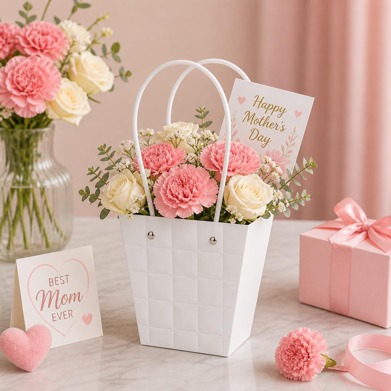 10 Packs White Floral Bouquet Bags with Handles, Flower Paper Wrapping Bag, Flower Gift Bags for Mother's Day and Anniversary (White)