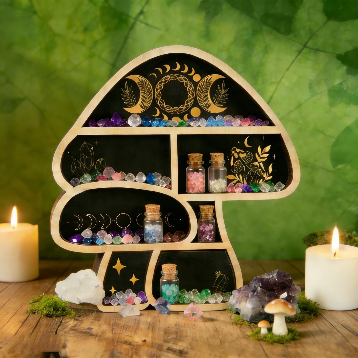 Mushroom Gifts Floating Shelves, Crystal Display Shelf & Crystal Holder, Cute Mushroom Wall Decor and Mushroom Shelves, Trinket Shelf Rock Display Case, for Unique Home Decor
