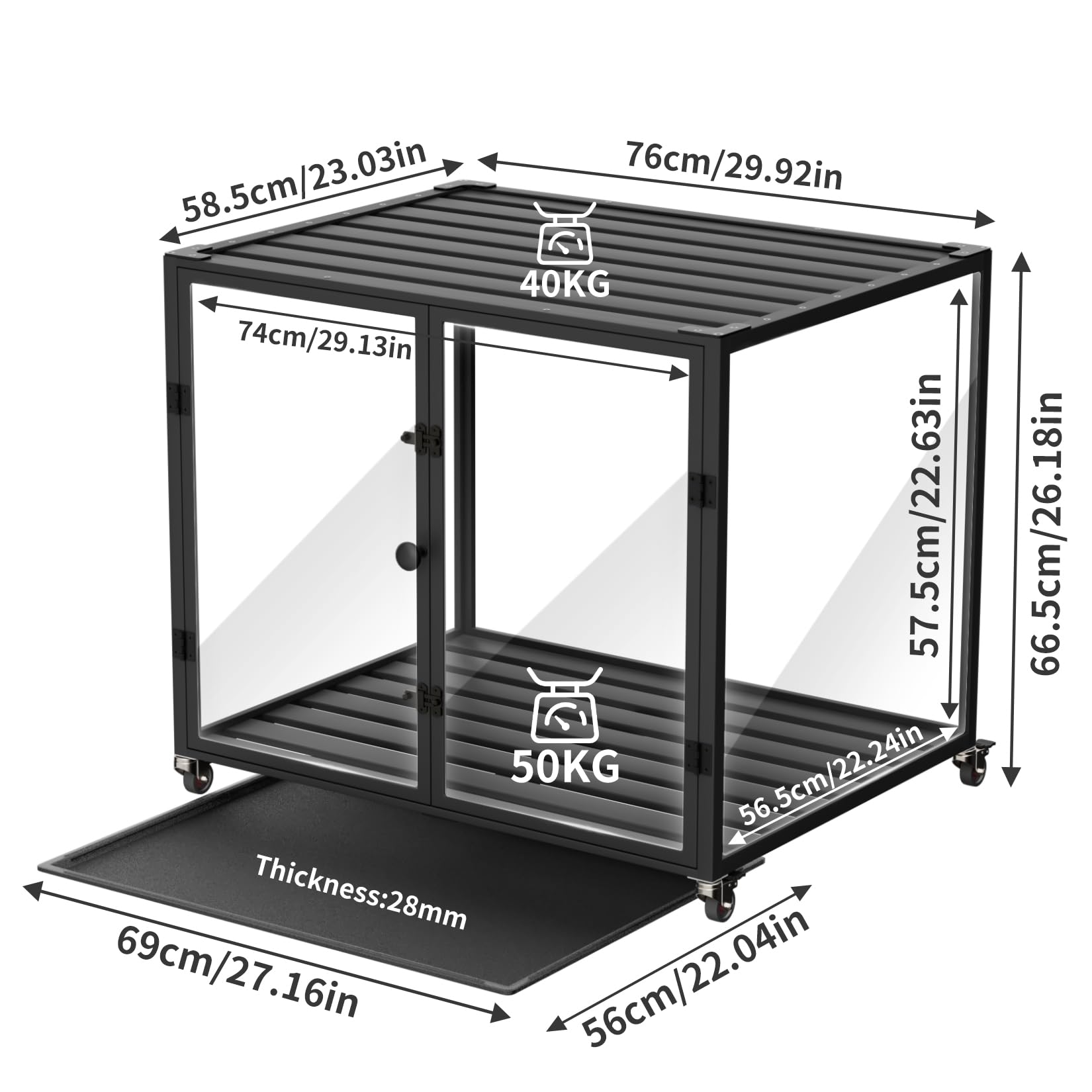 BingoPaw Hundekäfig Möbel Hundebox Indoor: Hundeboxen im Möbelstil aus Aluminium und gehärtetem Glas, Modern Hundehaus für kleine Hunde bis 50kg, M: 76x58.5x66.5 cm, schwarz