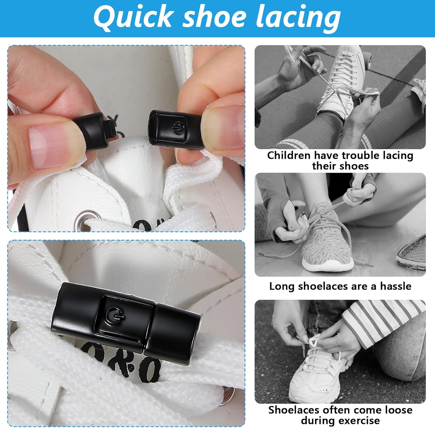 6 PCS Shoelaces Buckle Lock, No Tie Lazy Elastic Magnetic Shoelace Buckle Switch Solution for Kids Adults (Black, White, Gray) - Image 7