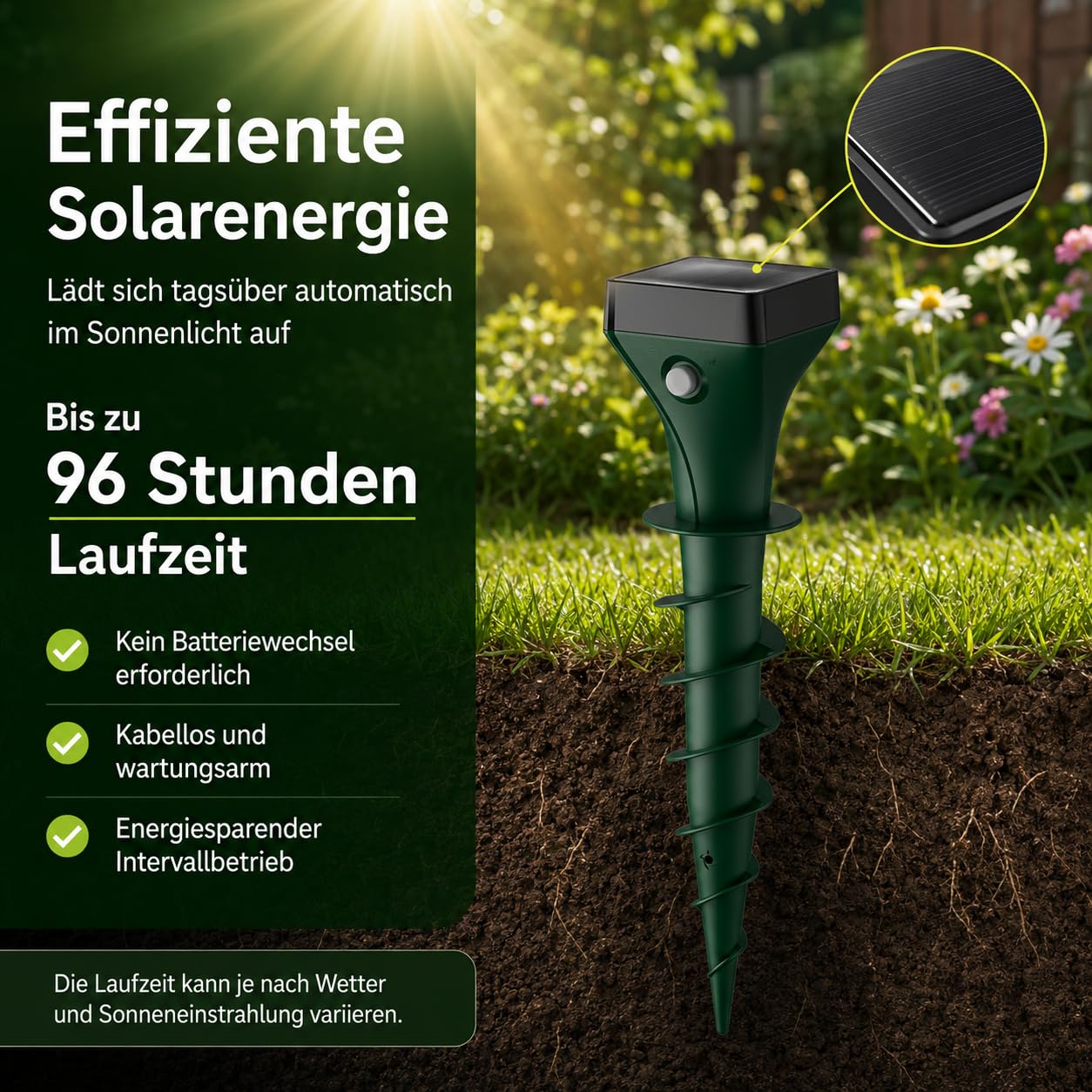 Dissuasore per talpe, a energia solare, con ultrasuoni, vibrazione e frequenza di cambio automatica, impermeabile IP65, contro talpe e arvicole, per giardino e esterni, confezione da 4 pezzi