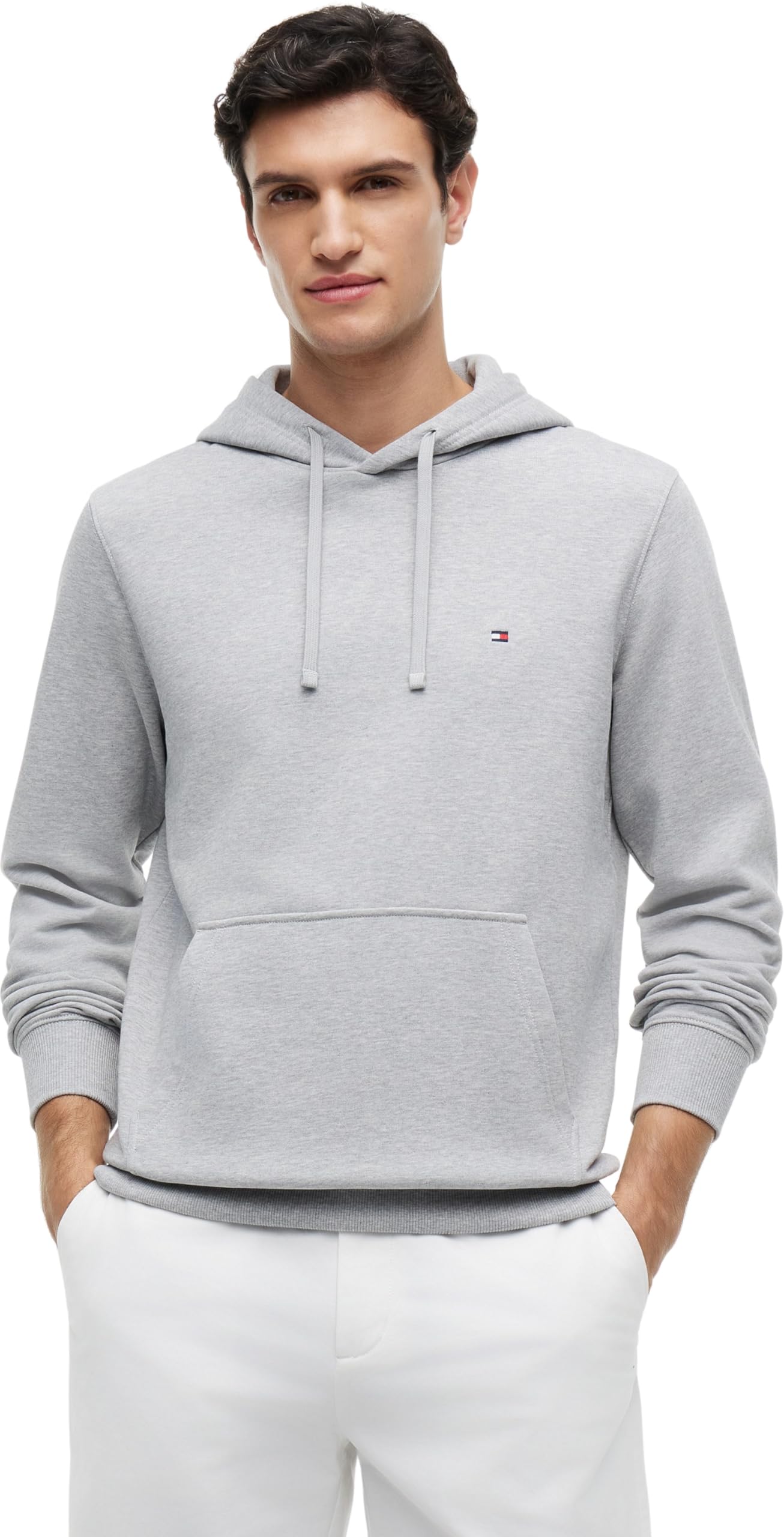 Tommy Hilfiger Men’s Hoodie Essential Terry with Kangaroo Pocket, Grey (Light Grey Heather), M