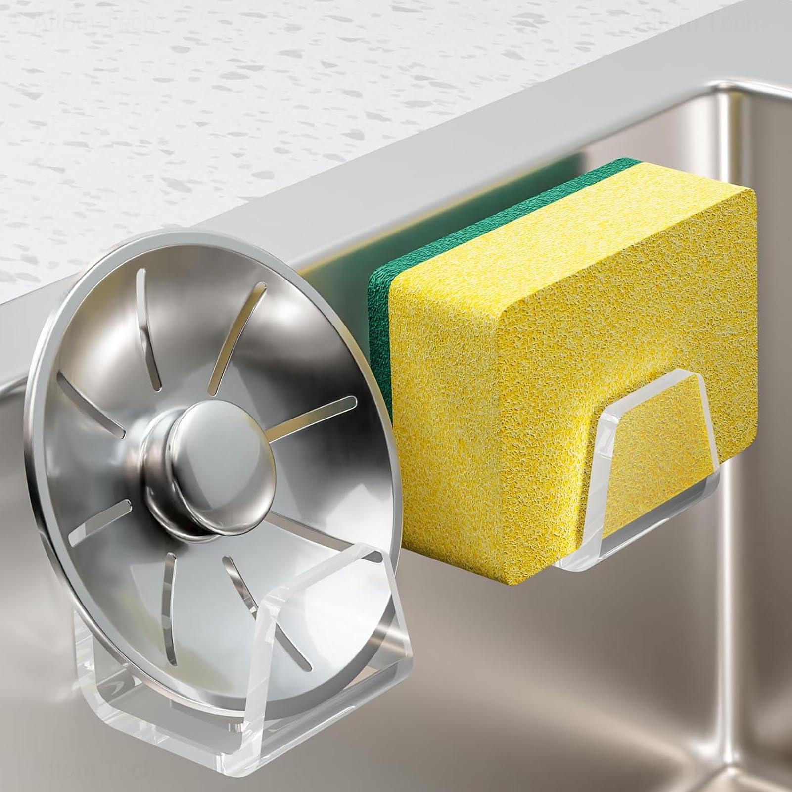Acrylic Sponge Holder for Kitchen Sink - No Drill Adhesive Sponge Caddy with Nano Tape Compact Dish Soap