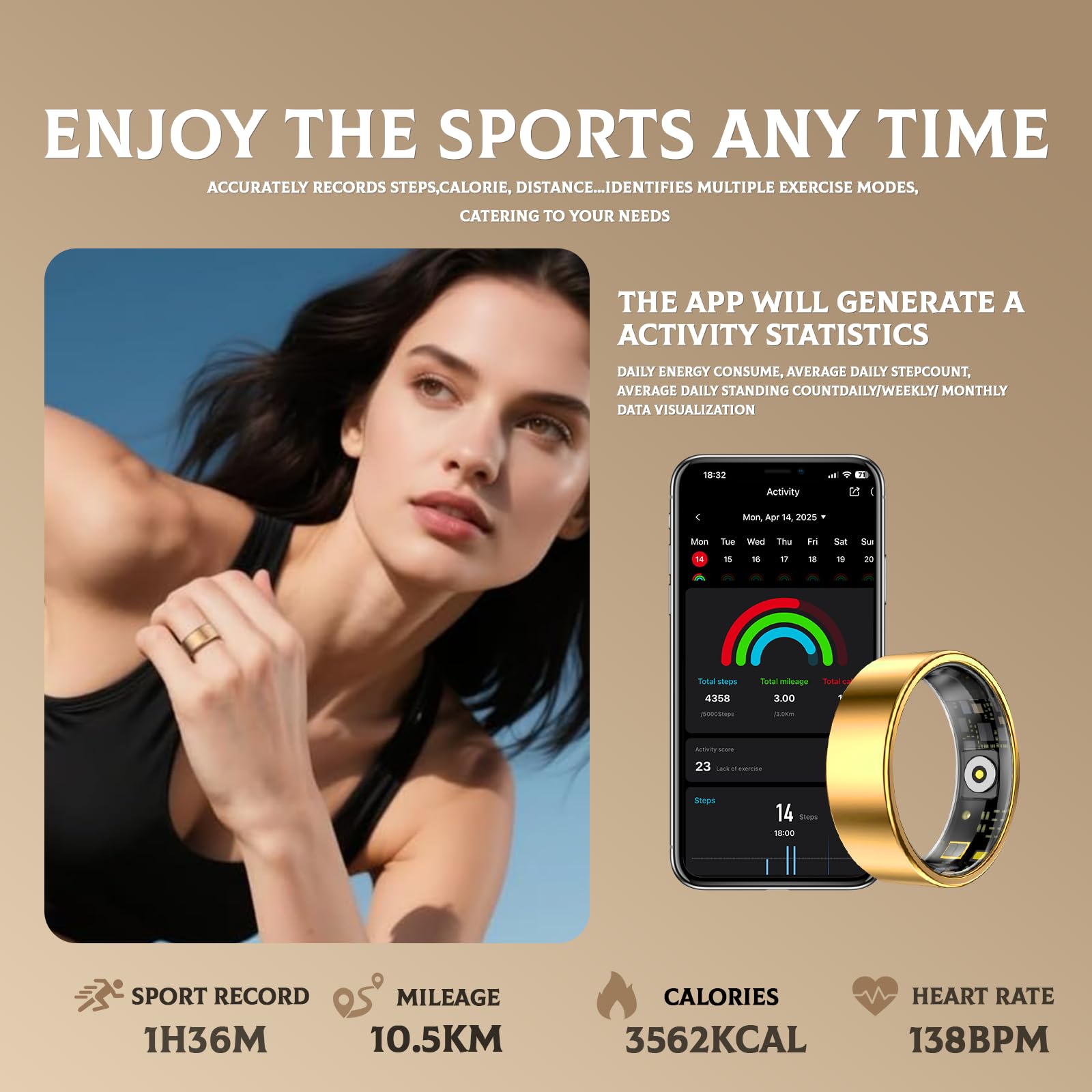 Bague Connectée Smart Ring pour Femme et Homme, Tracker Fitness avec Moniteur Fréquence Cardiaque, Sommeil, 100+ Sports, Podomètre, Étanche IP68, Sans Abonnement pour iOS and Android (Doré, 8)