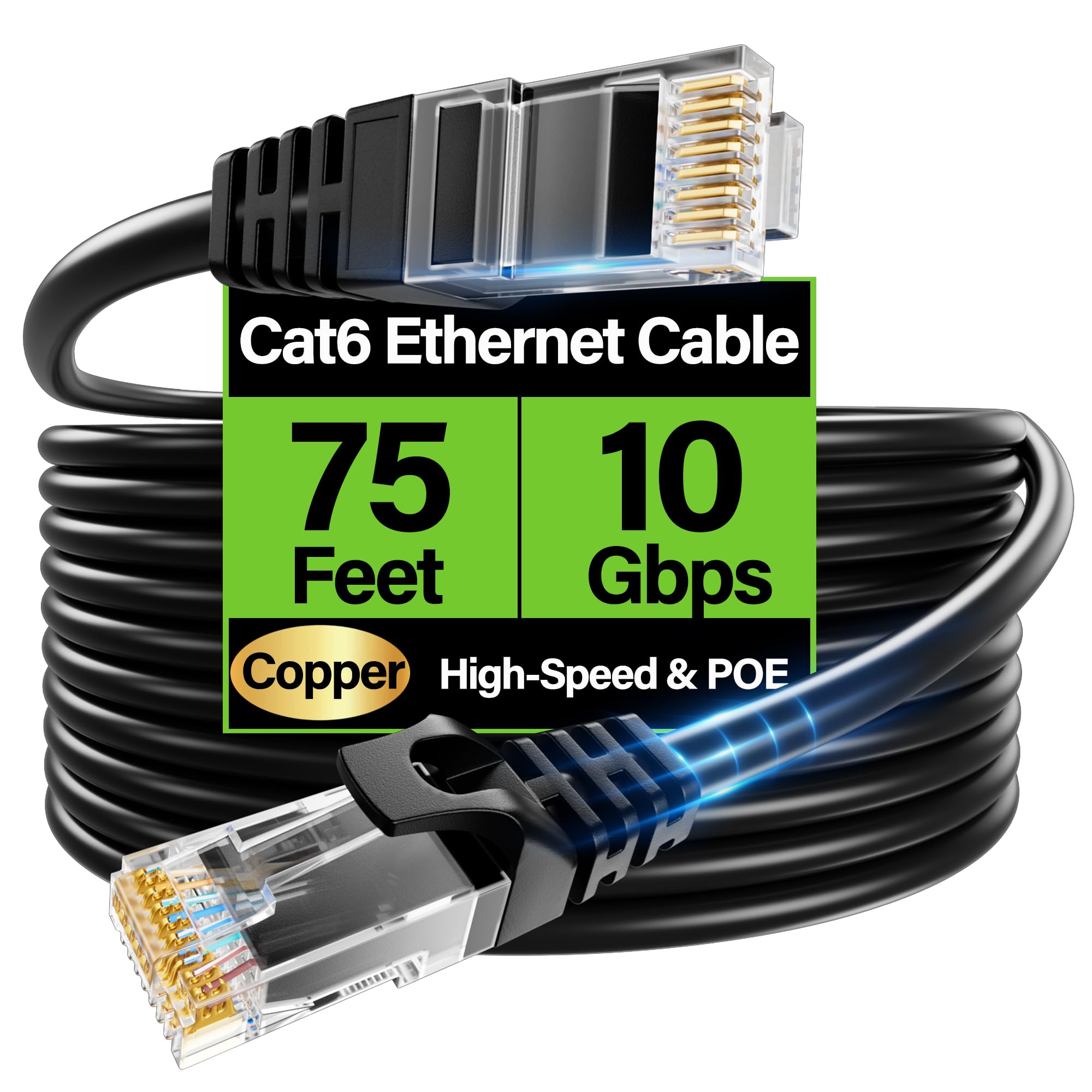 Cable Ethernet Cat6 de 10 Gbps de 75 pies, cables de conexión Cat6 de cobre desnudo flexible, cable Ethernet UTP Cat 6, cable de red Cat 6 sin enganches para servidor, centro de datos, negro