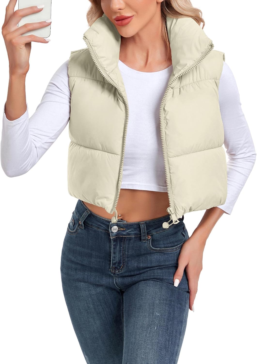 Women's Cropped Puffer Vest Sleeveless High Stand Collar Crop Outerwear Zip Up Warm Padded Gilet - Image 5