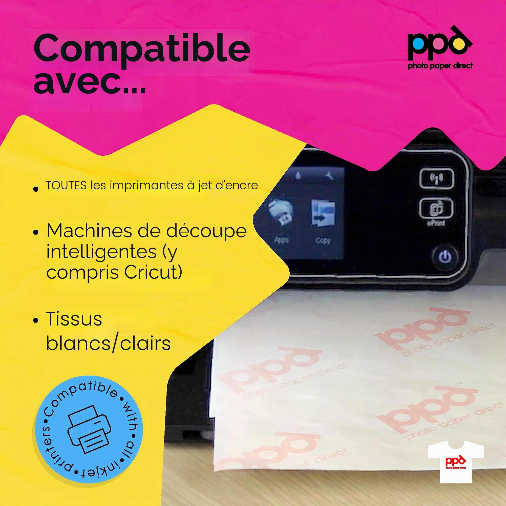 PPD 100xA4 Papier Transfert Tee-Shirt/Textiles Blancs ou Clairs, Fond Transparent, Personnalisable, Thermocollant, Impression Jet d’Encre PPD-1-100