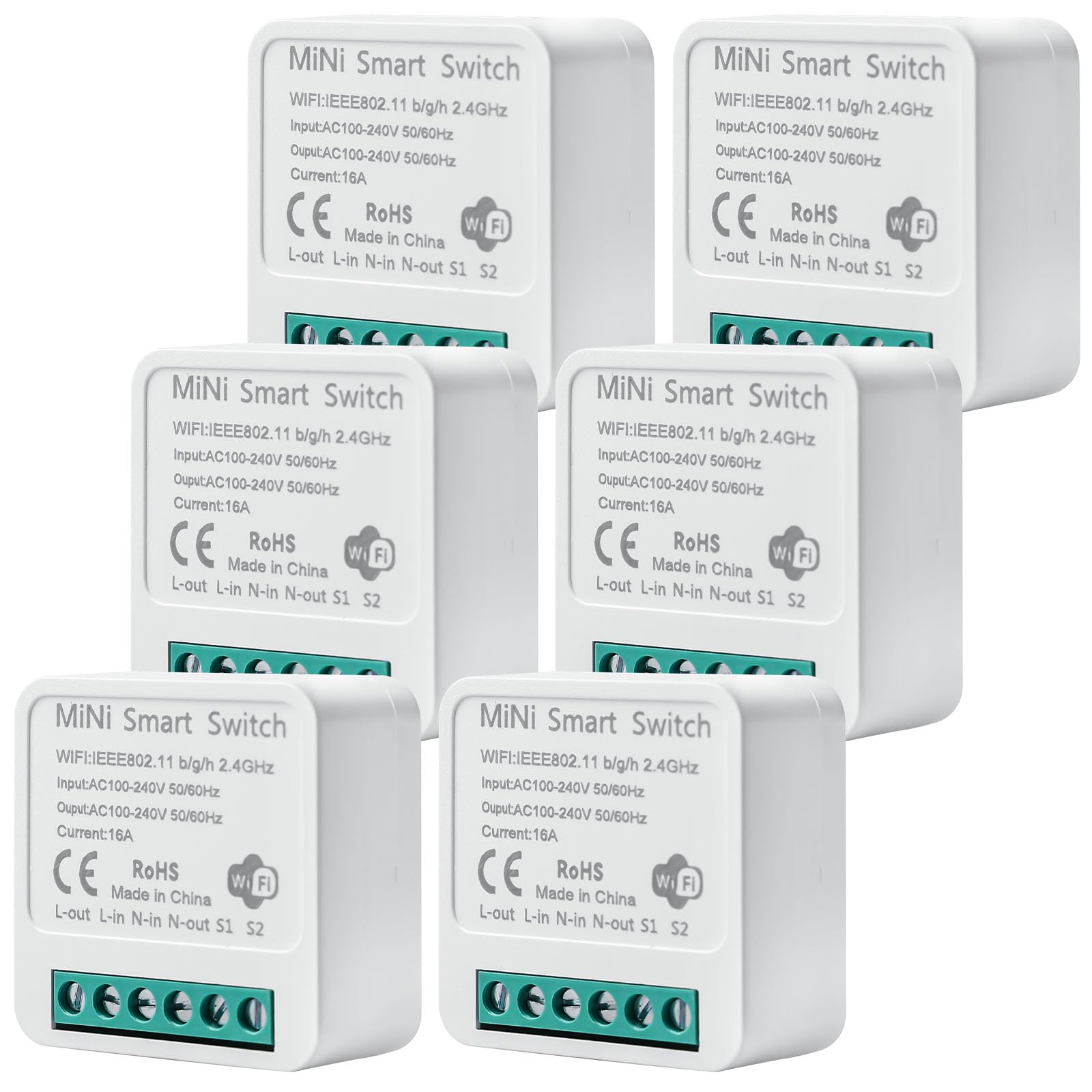 6 módulos de interruptor de luz inteligente de 2 vías: mini interruptor WiFi DIY encaja detrás del interruptor de pared, módulo de interruptor de luz inteligente compatible con la aplicación Tuya