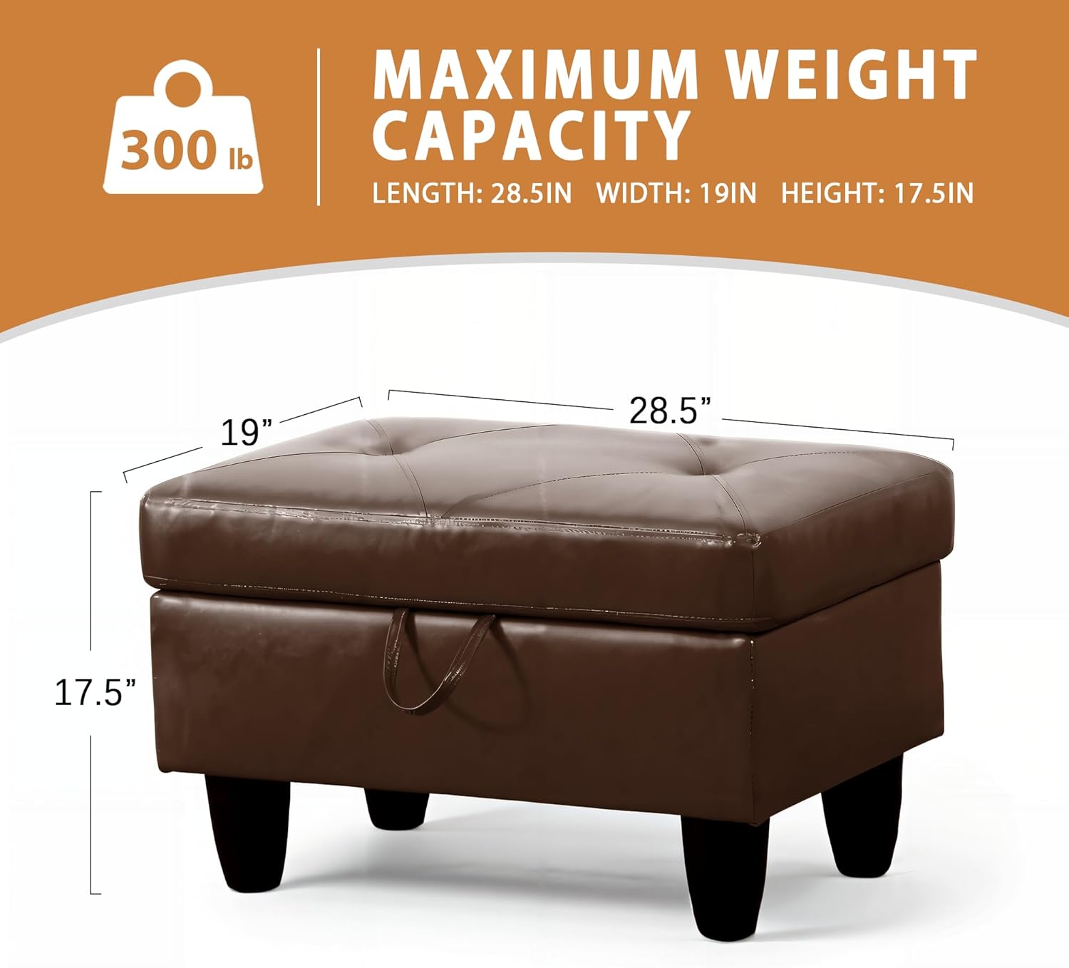 Ottoman Rectangular Storage Ottoman Bench, Faux Leather Footrest, Coffee Table, Stool Footstool with Hinged Lid for Living Room, Bedroom, Entryway, Brown, 28.5"x19"x17.5"