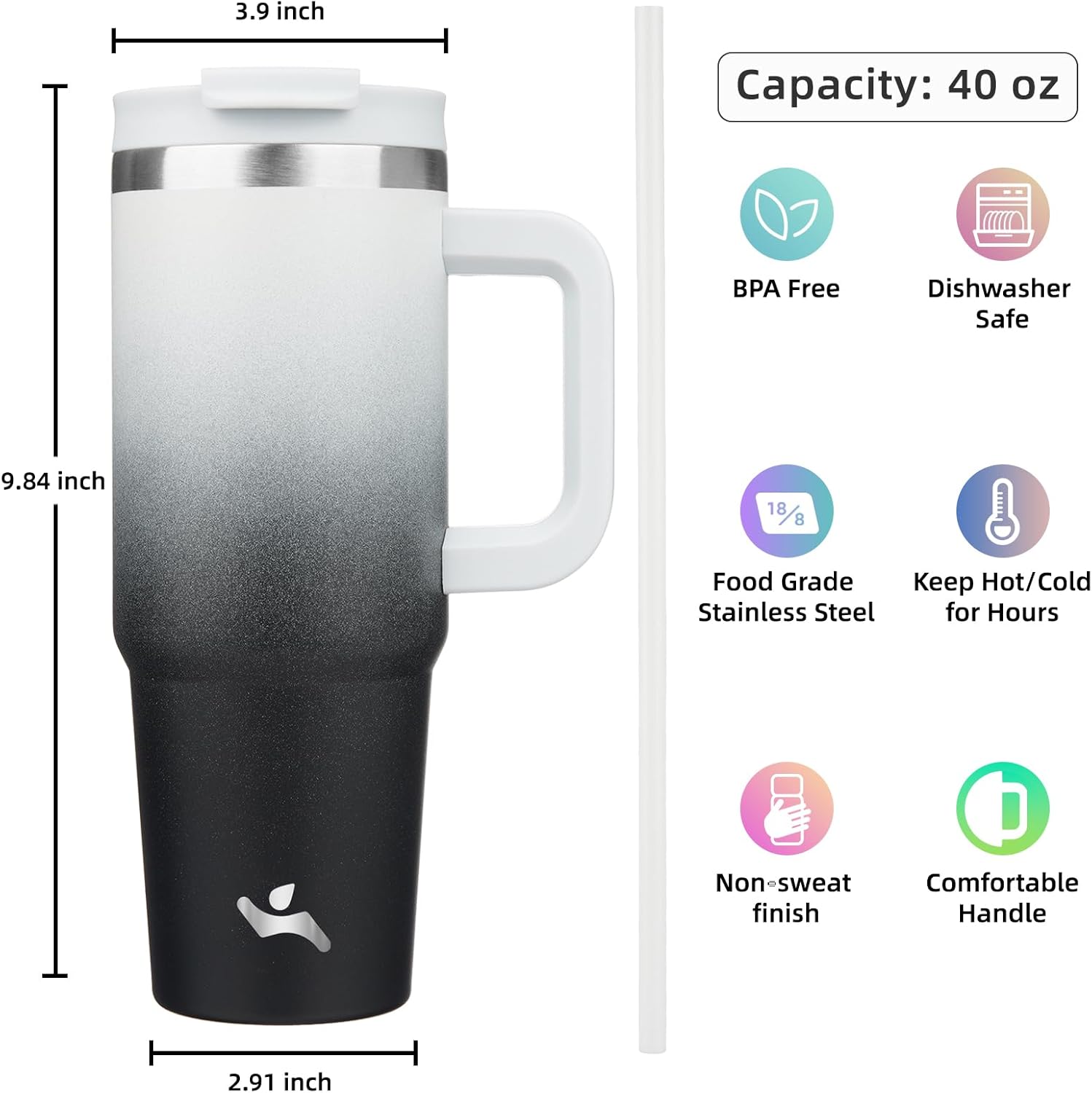 40 oz Tumbler with Handle and 2 Straws,2 in 1 Lid Insulated Water Bottle Stainless Steel Travel Coffee Mug,Day Night - Image 4