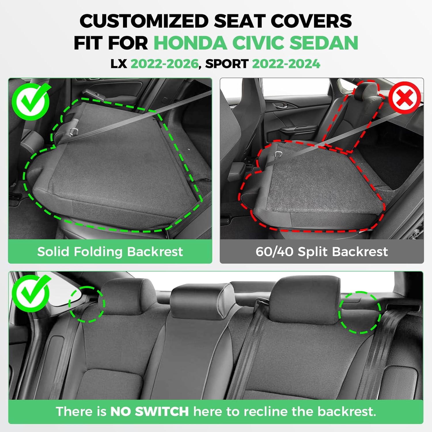RIDEPOSH for Honda Civic Leather Seat Covers, Sedan LX 2022-2026, Sport 2022-2024, Custom Fit Car Seat Cover Full Set, Waterproof Accessories, Black (Solid Bench Seats- W/O Rear Armrest) Black Sedan 2022-2026 (Solid Seats- W/O Armrest)
