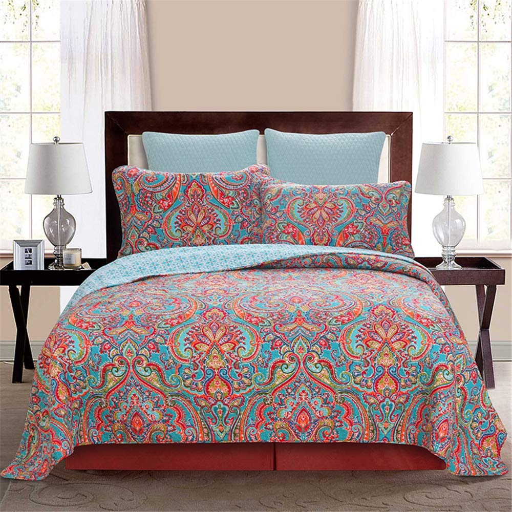 Sjdopulse Men's Double Bed Quilted Bedspread Bohemian Cotton Vintage Bedding Set Embroidered Patchwork Throw Blanket Multifunction Comforter Coverlet 230X250cm + 2 Pillowcases No Stimulation,91×98In
