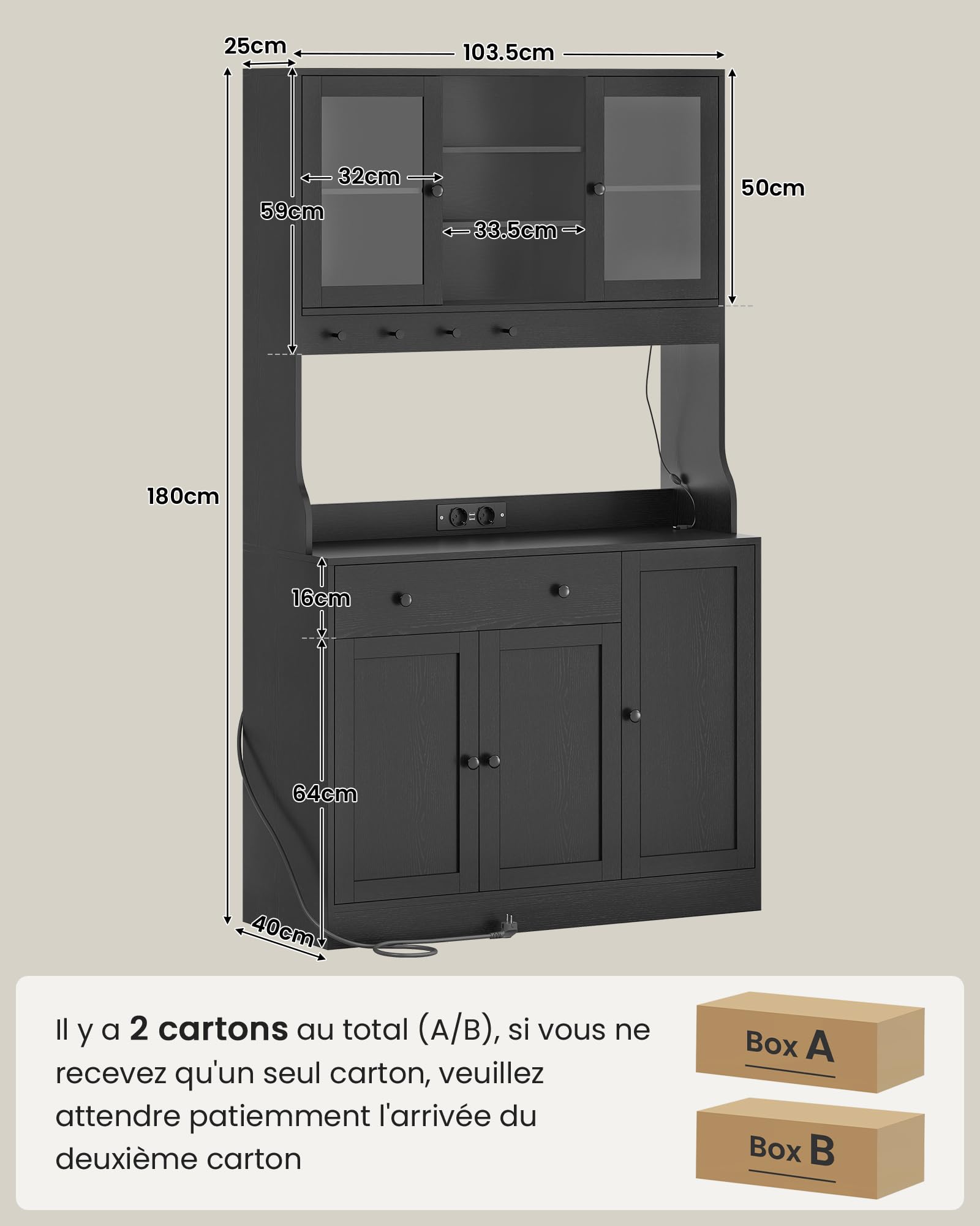Meuble Buffet Cuisine avec LED et Multiprise, Armoire Cuisine avec Plan de Travail, 4 Compartiments Fermés, Tiroir avec Séparateurs Ajustables, 4 Crochets, Étagères Réglables, 103,5x40x180 cm, Noir