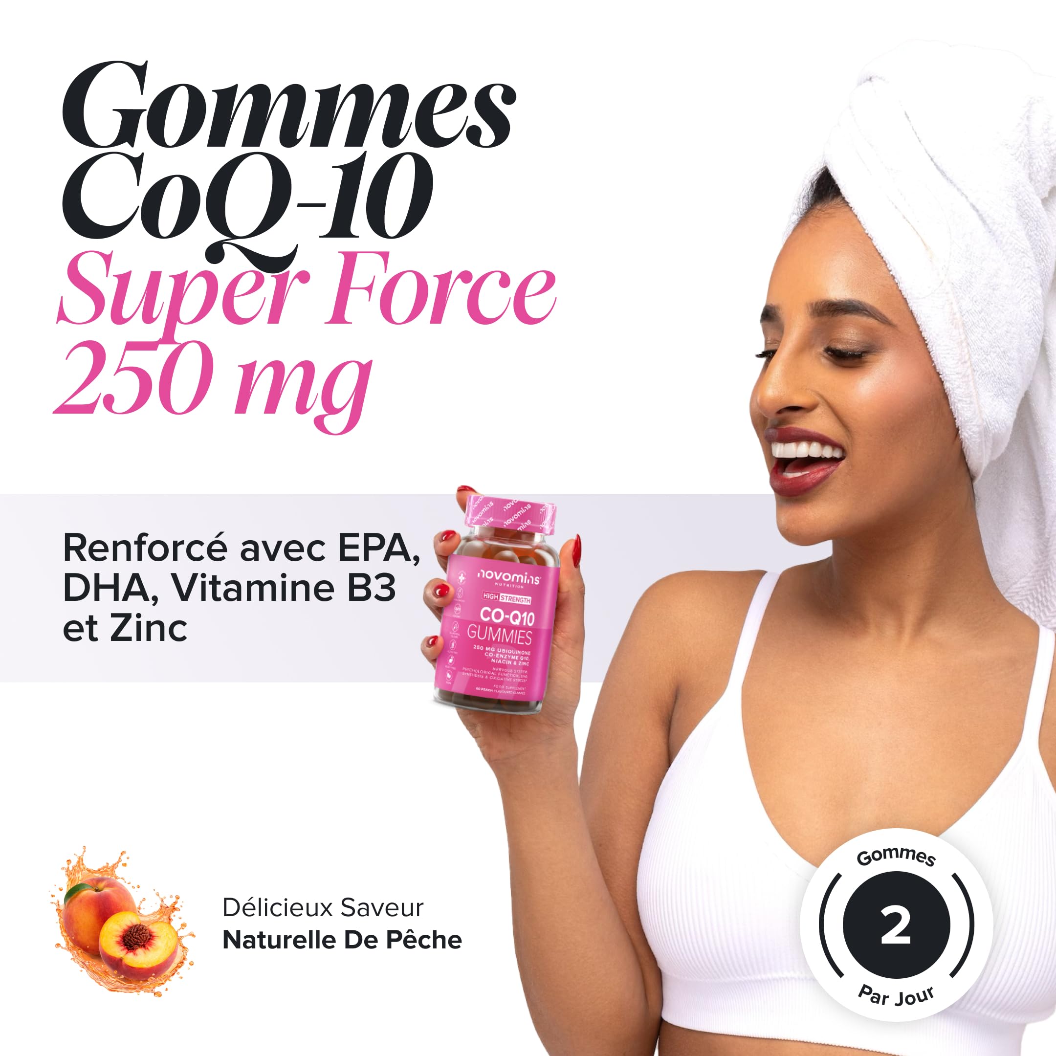 Coenzyme Q10 Gummies – 250 mg de CoQ10 + Niacine & Zinc – Énergie, Moins de Fatigue & Système Nerveux – Végan, Sans Gluten – Goût Orange – 60 Gummies – Novomins